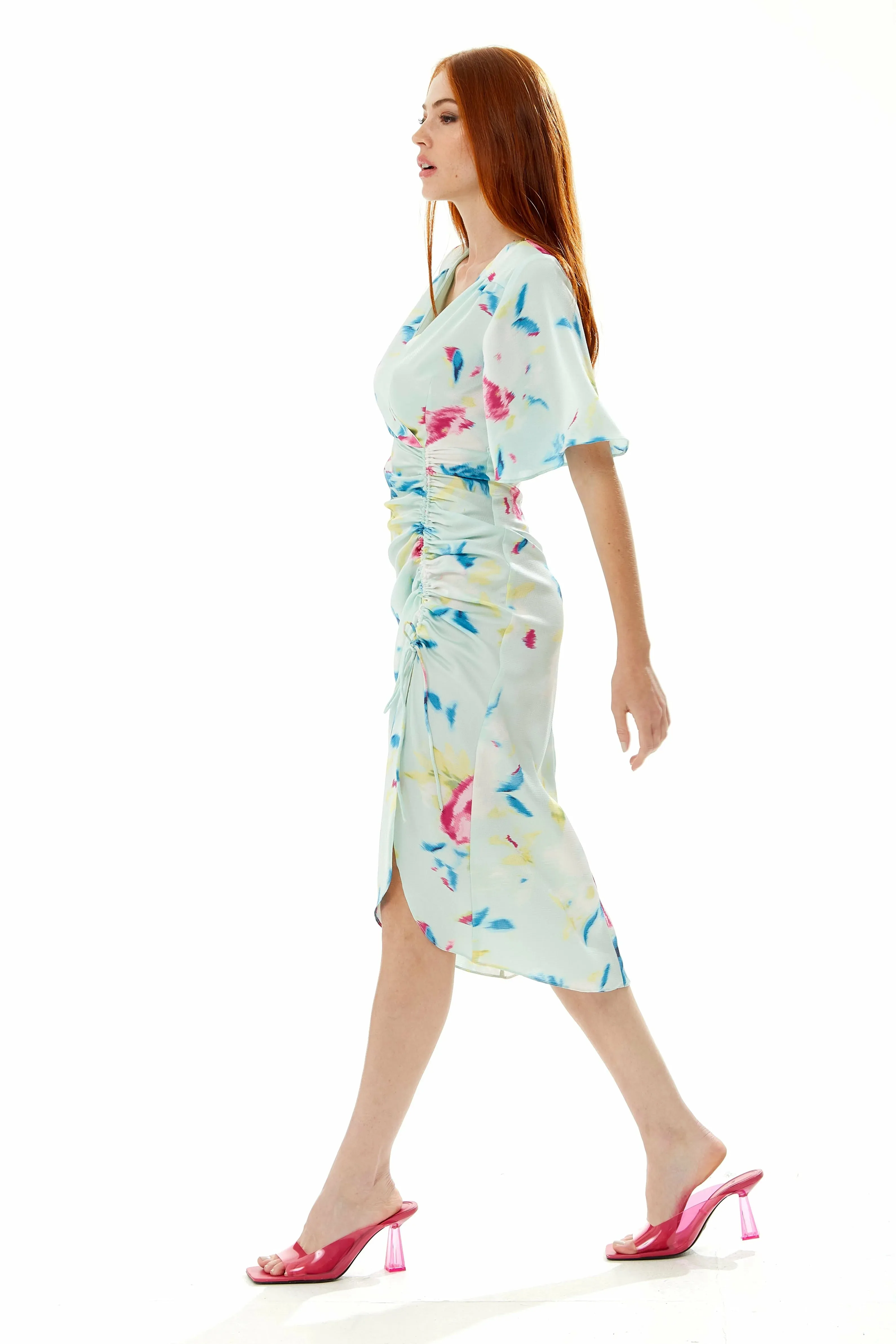 Liquorish Midi Wrap Dress With Floral Print In Mint Green