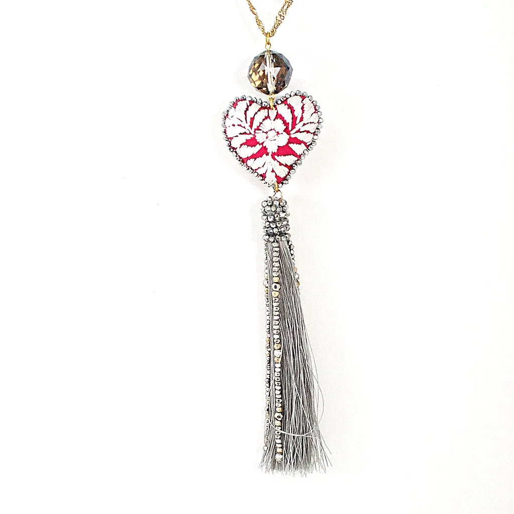 Long Chain Embroidered Heart and Tassel Necklace