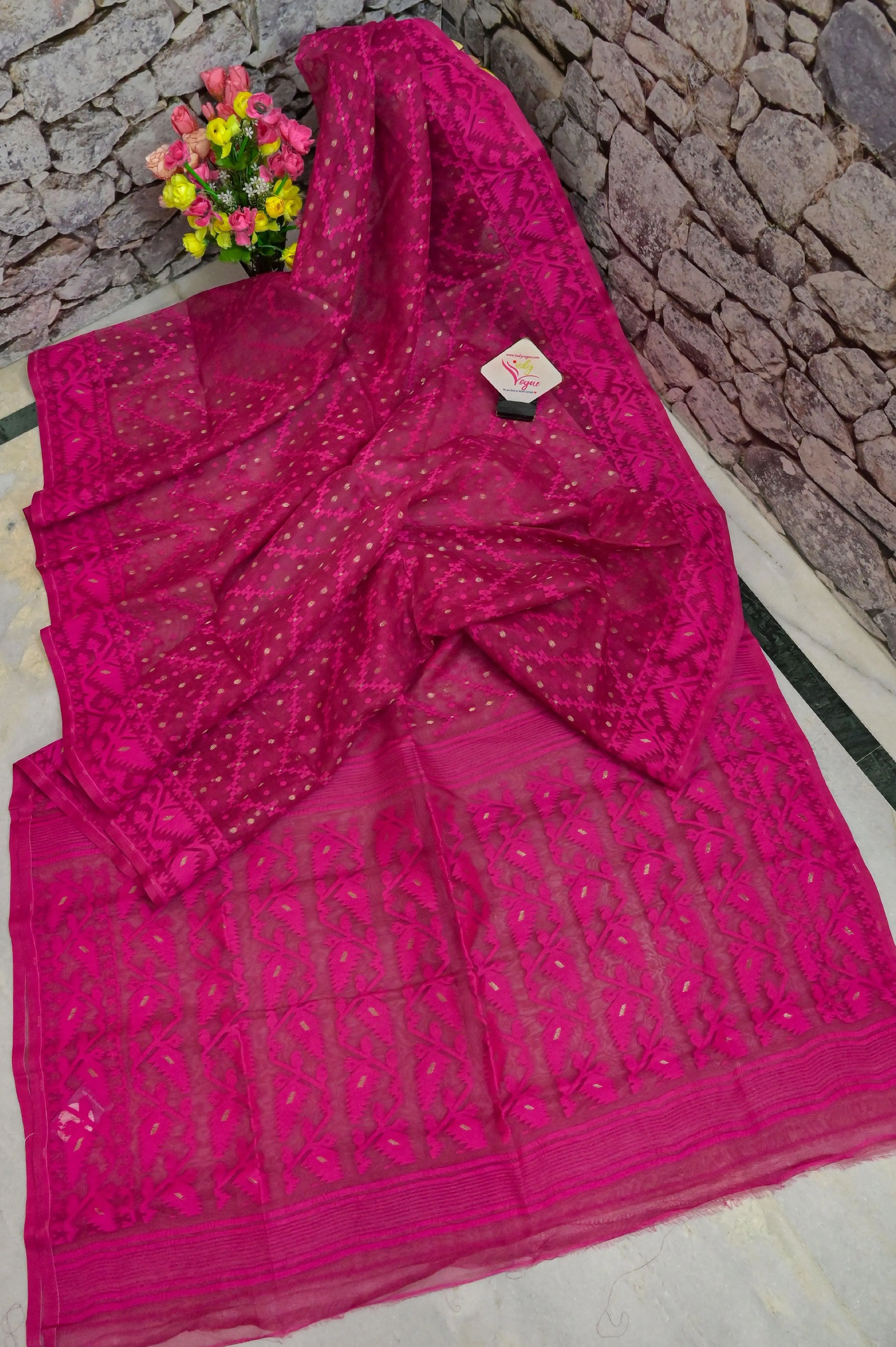 Magenta Color Jamdani Saree with Mirror Work Blouse Piece