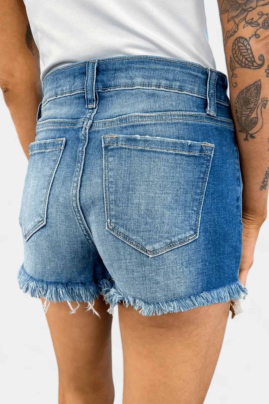 Medium Wash Mid Rise Frayed Denim Shorts