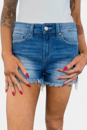 Medium Wash Mid Rise Frayed Denim Shorts