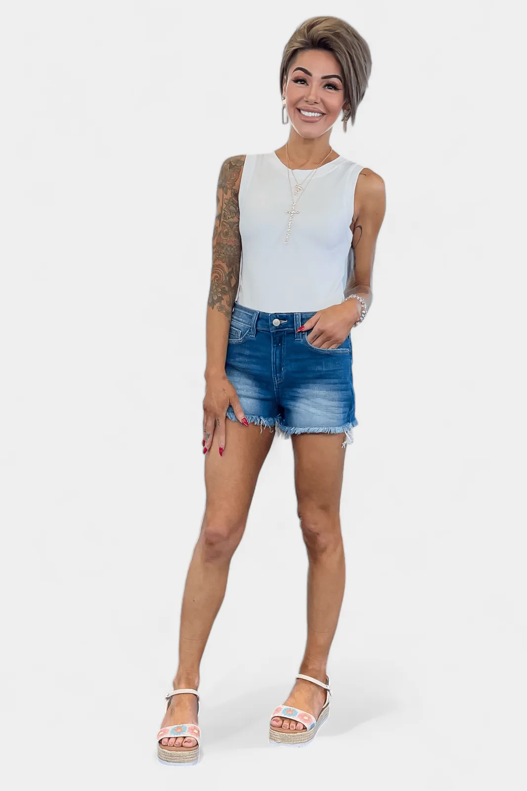 Medium Wash Mid Rise Frayed Denim Shorts