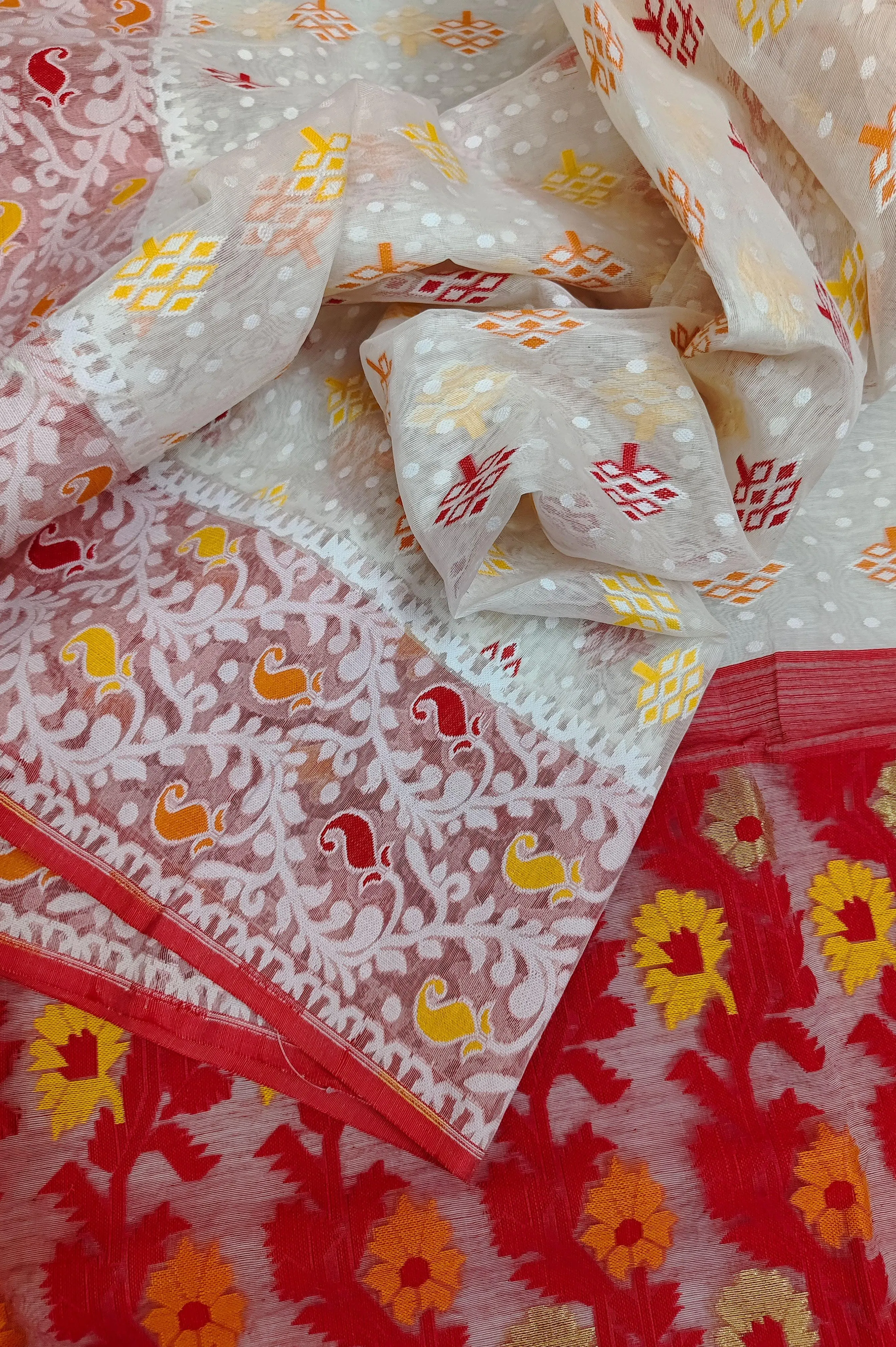 Milk White and Red Color Jamdani Saree