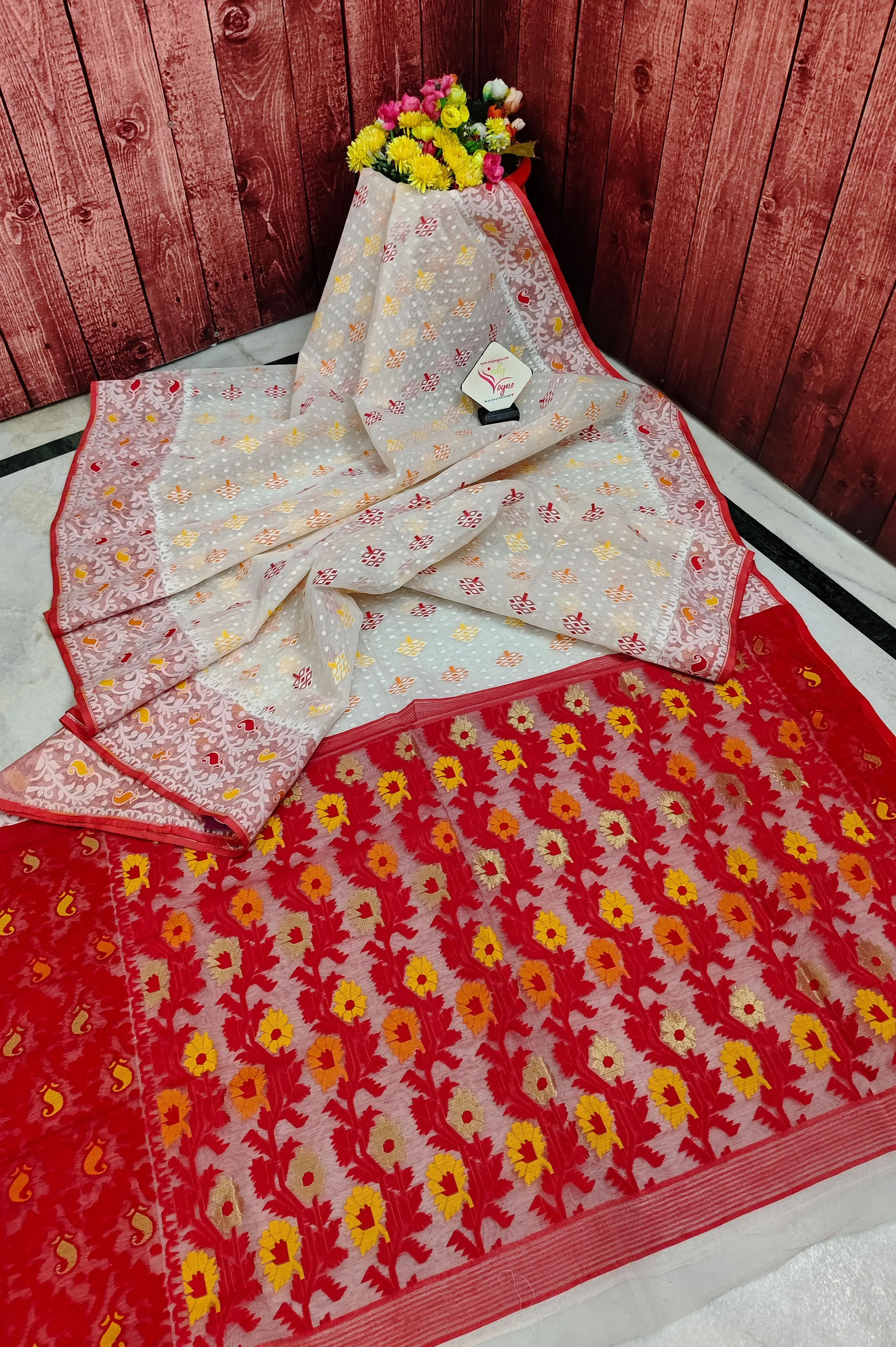 Milk White and Red Color Jamdani Saree