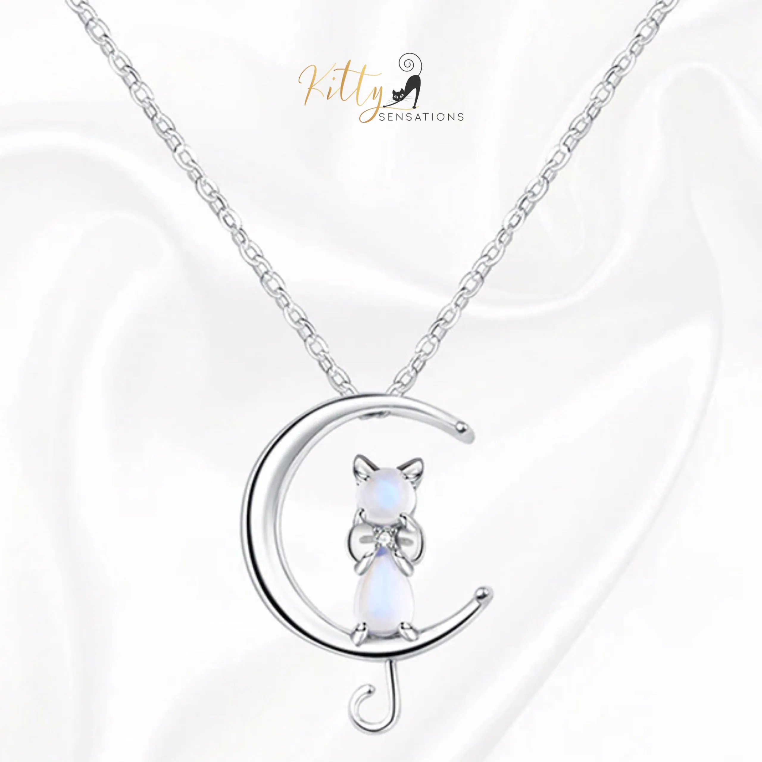 Moon Kitty Necklace in Natural Moonstone and Solid 925 Sterling Silver