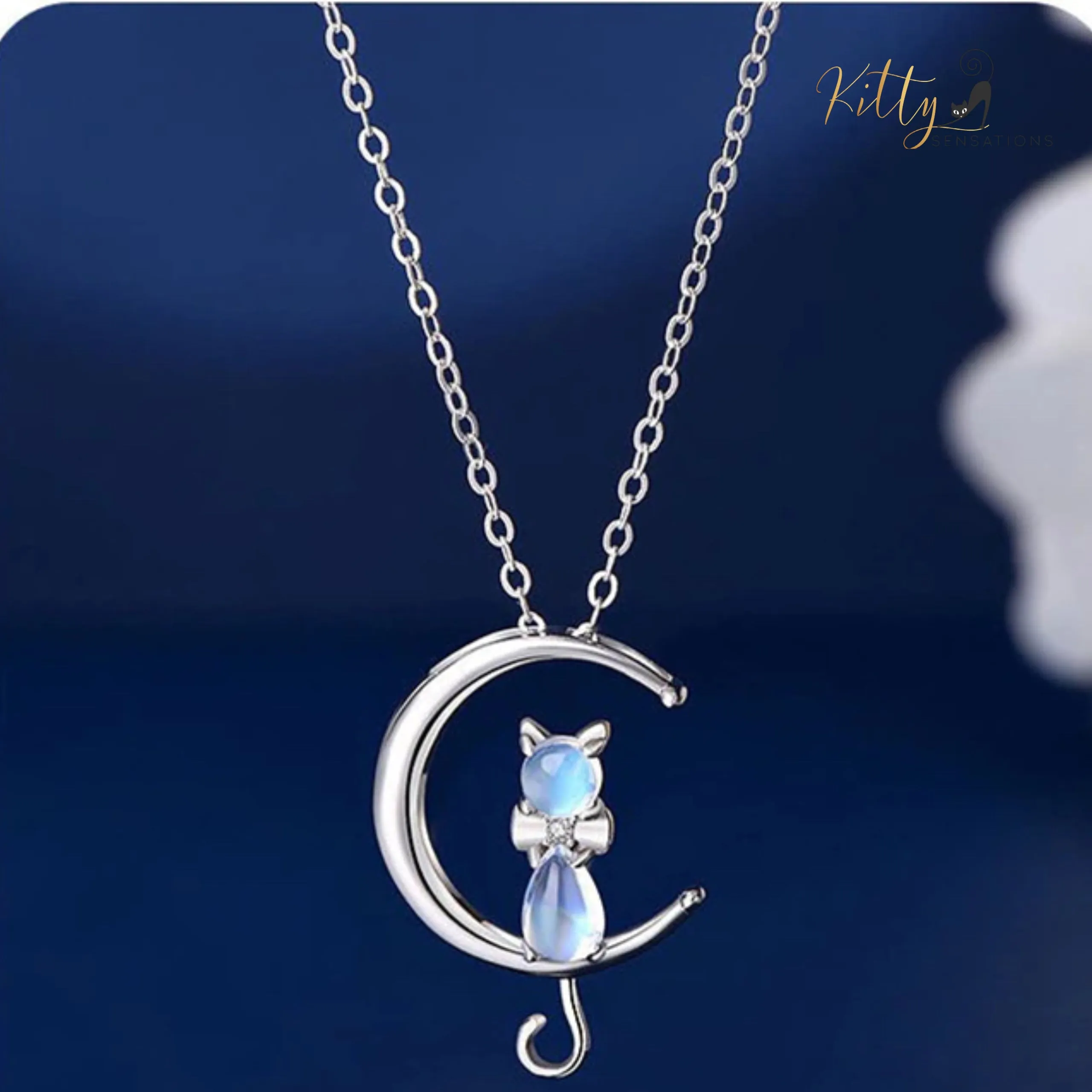 Moon Kitty Necklace in Natural Moonstone and Solid 925 Sterling Silver