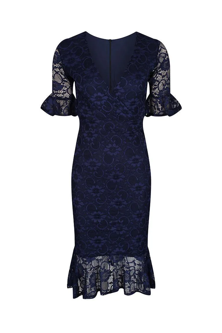 Navy Blue Lace Half Sleeve Fishtail Peplum Hem Bodycon Pencil Dress