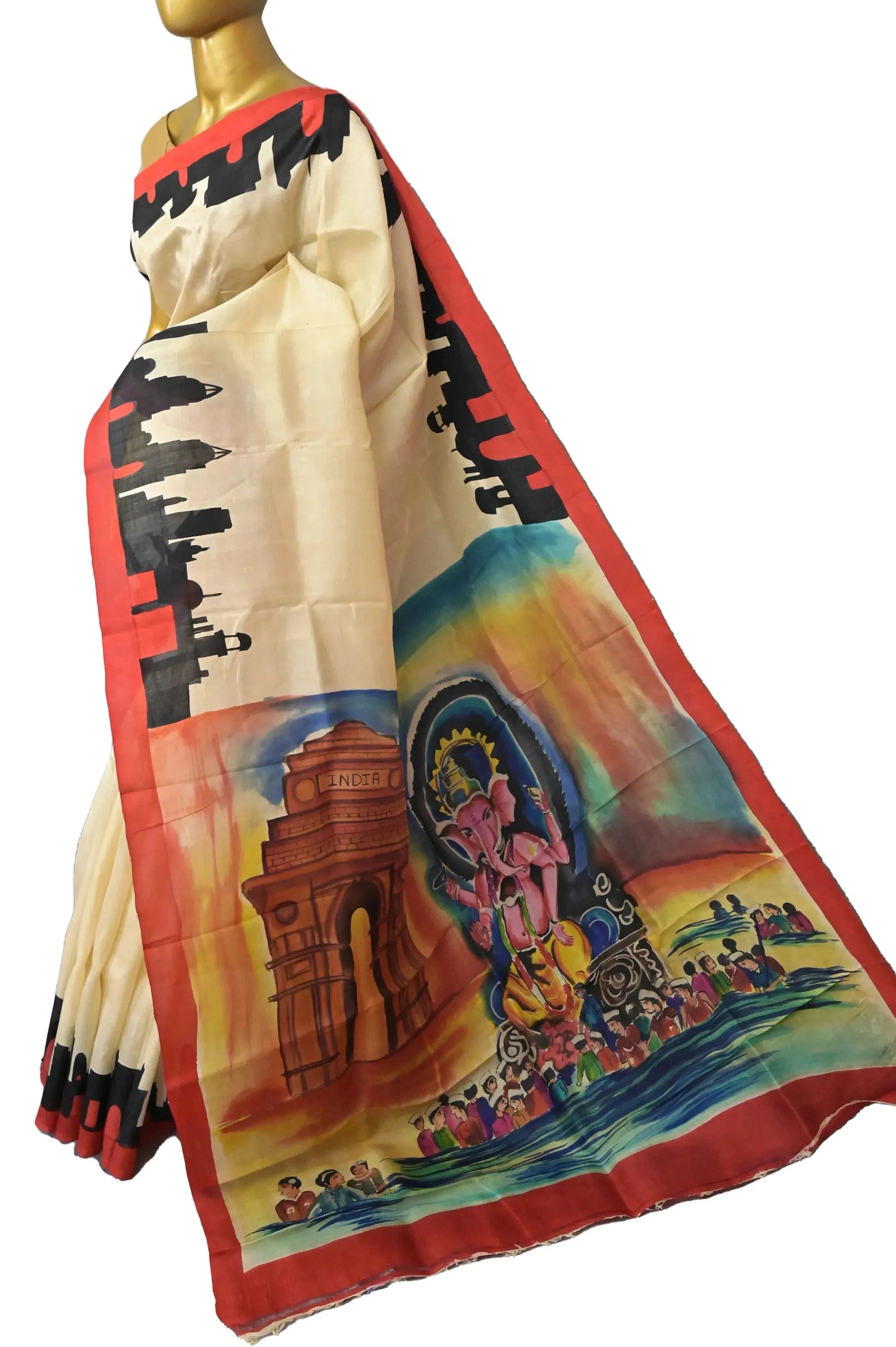 Offwhite Color Pure Bishnupur Silk Saree with Ganpati Visarjan Theme