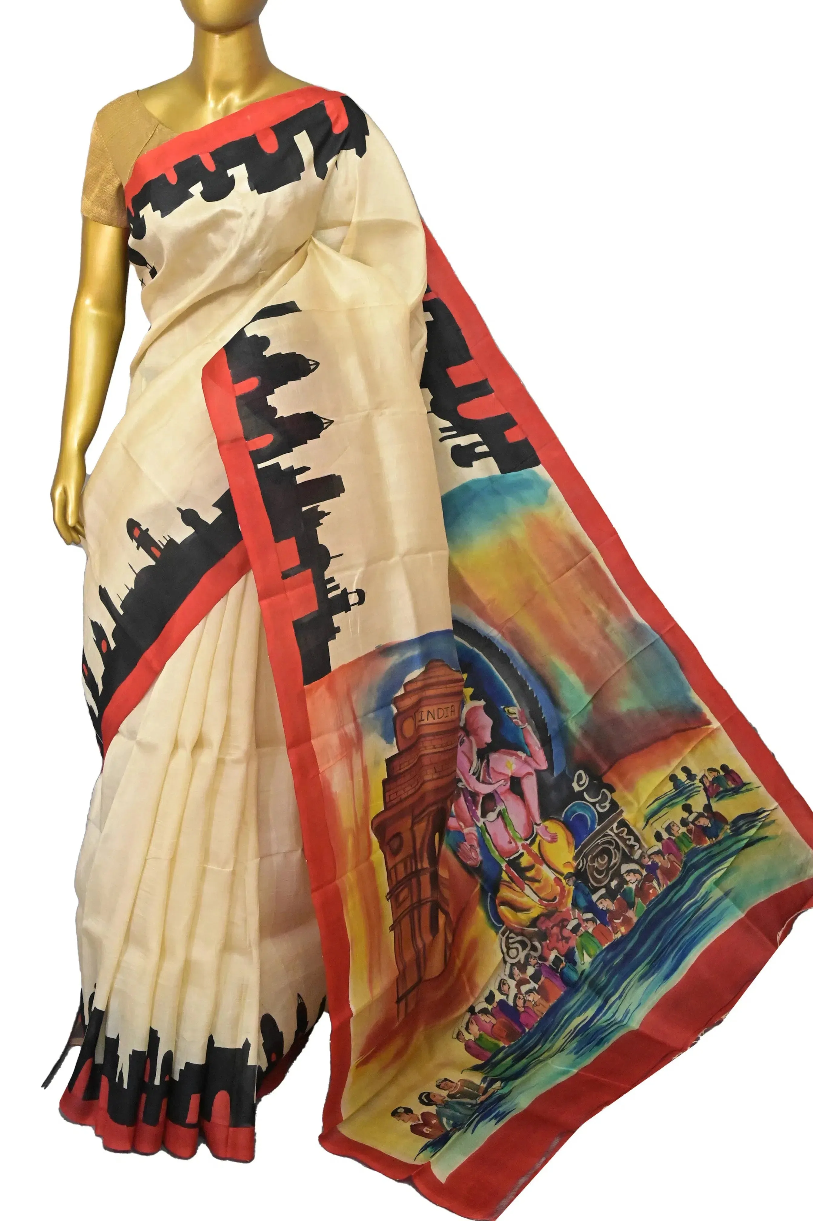 Offwhite Color Pure Bishnupur Silk Saree with Ganpati Visarjan Theme