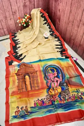 Offwhite Color Pure Bishnupur Silk Saree with Ganpati Visarjan Theme