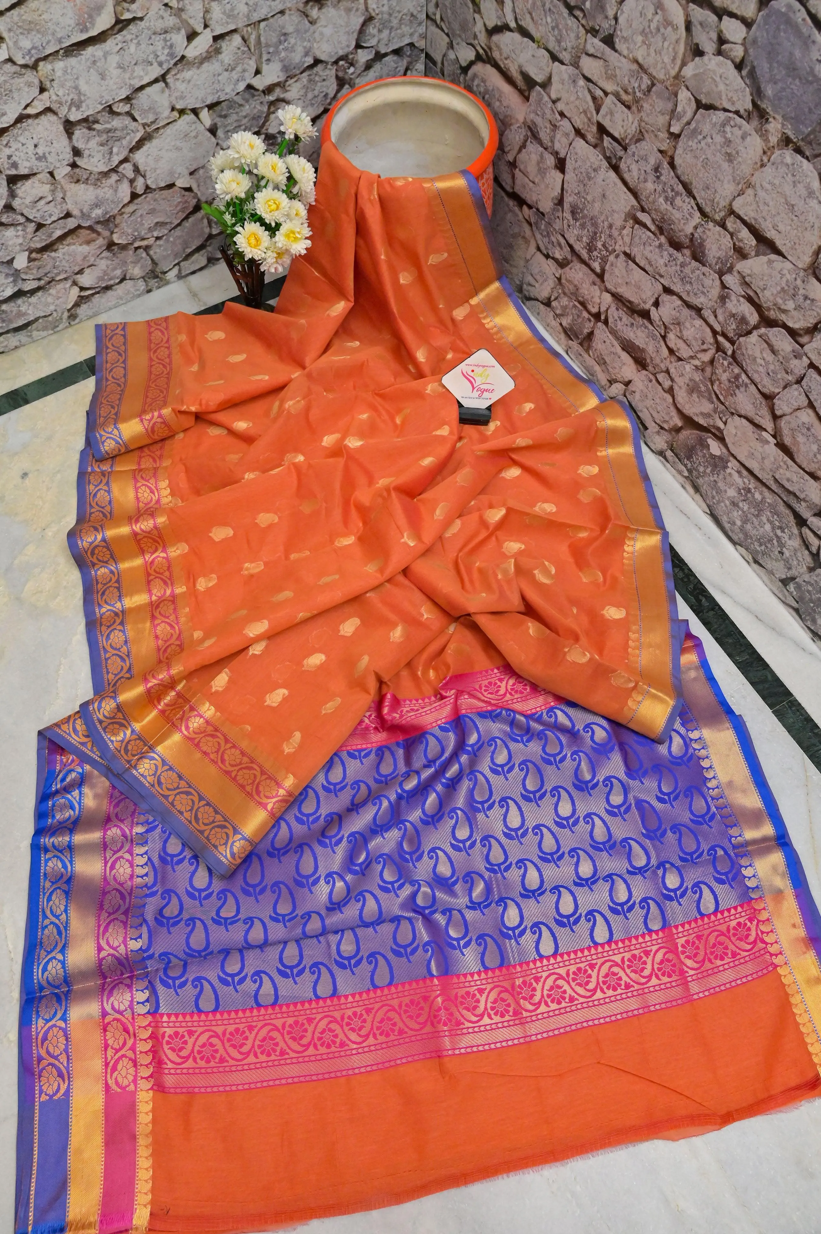 Orange Brick Color Cotton Silk Chanderi Saree