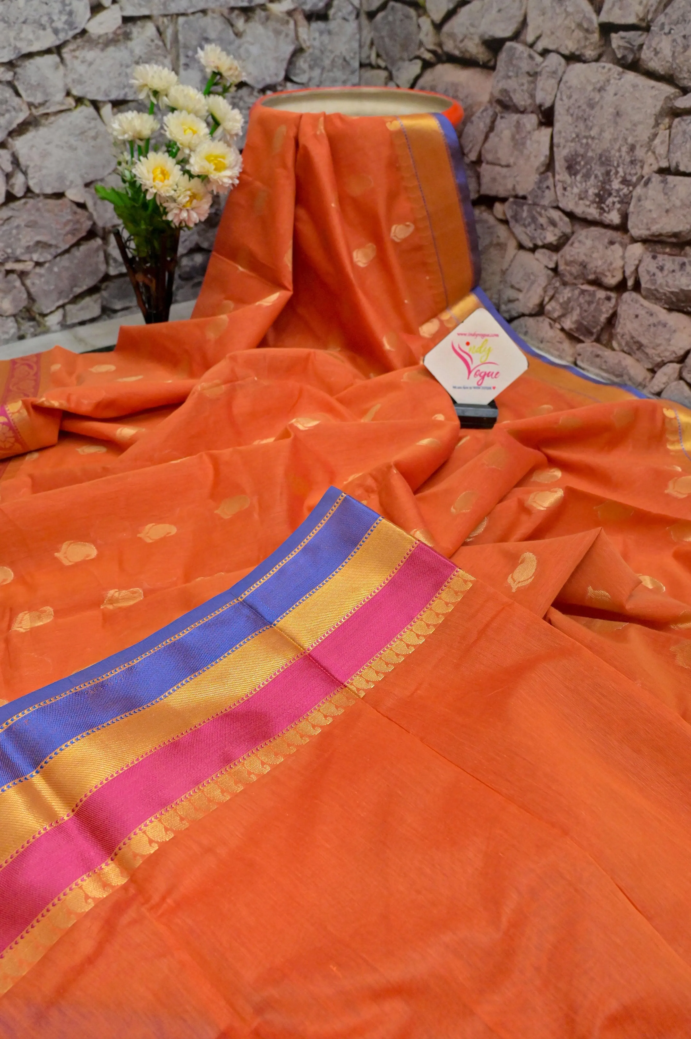 Orange Brick Color Cotton Silk Chanderi Saree