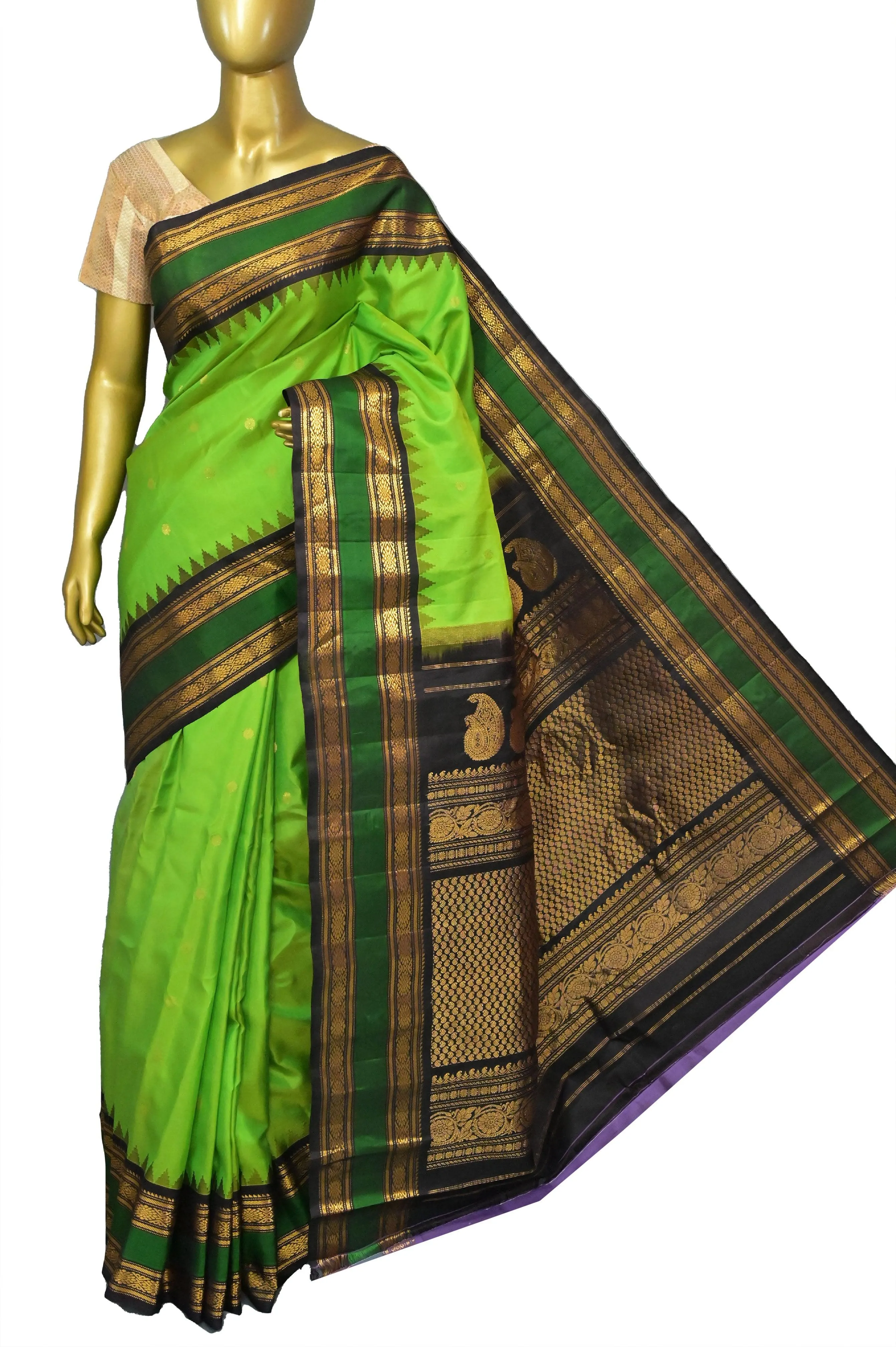 Parrot Green Color Pure Gadwal Silk Saree with Buti Work and Temple Border