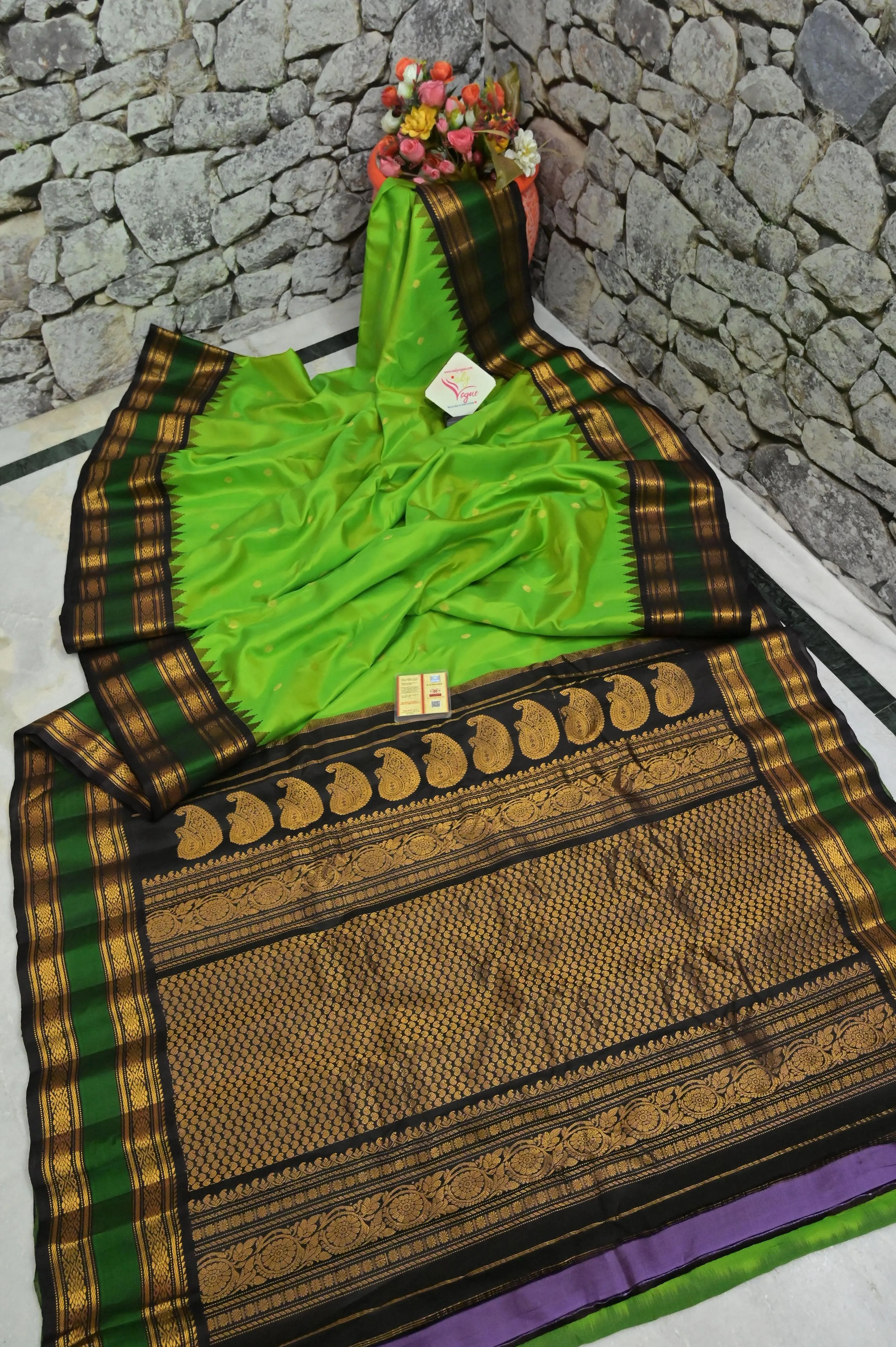 Parrot Green Color Pure Gadwal Silk Saree with Buti Work and Temple Border