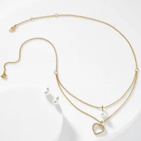 PEARL AND CZ HEART NECKLACE SET