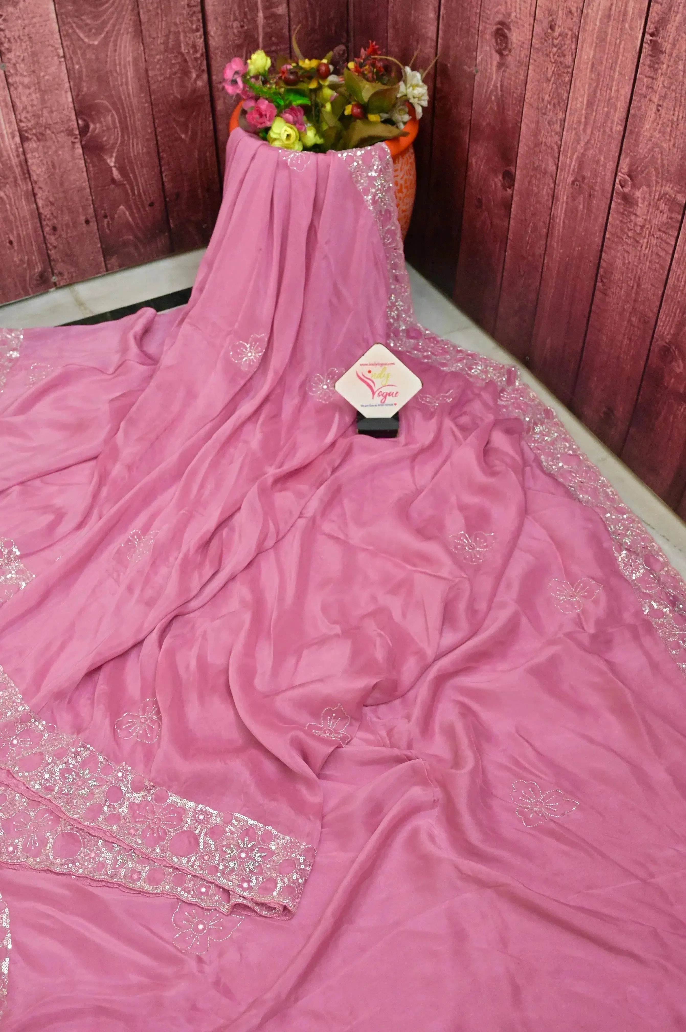 Pink Color Echo Silk Saree with Hand Mirror Embroidery and Sequin Work