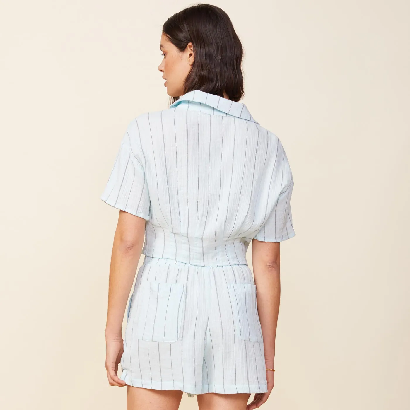 Pinstripe Gauze Cropped Short Sleeve