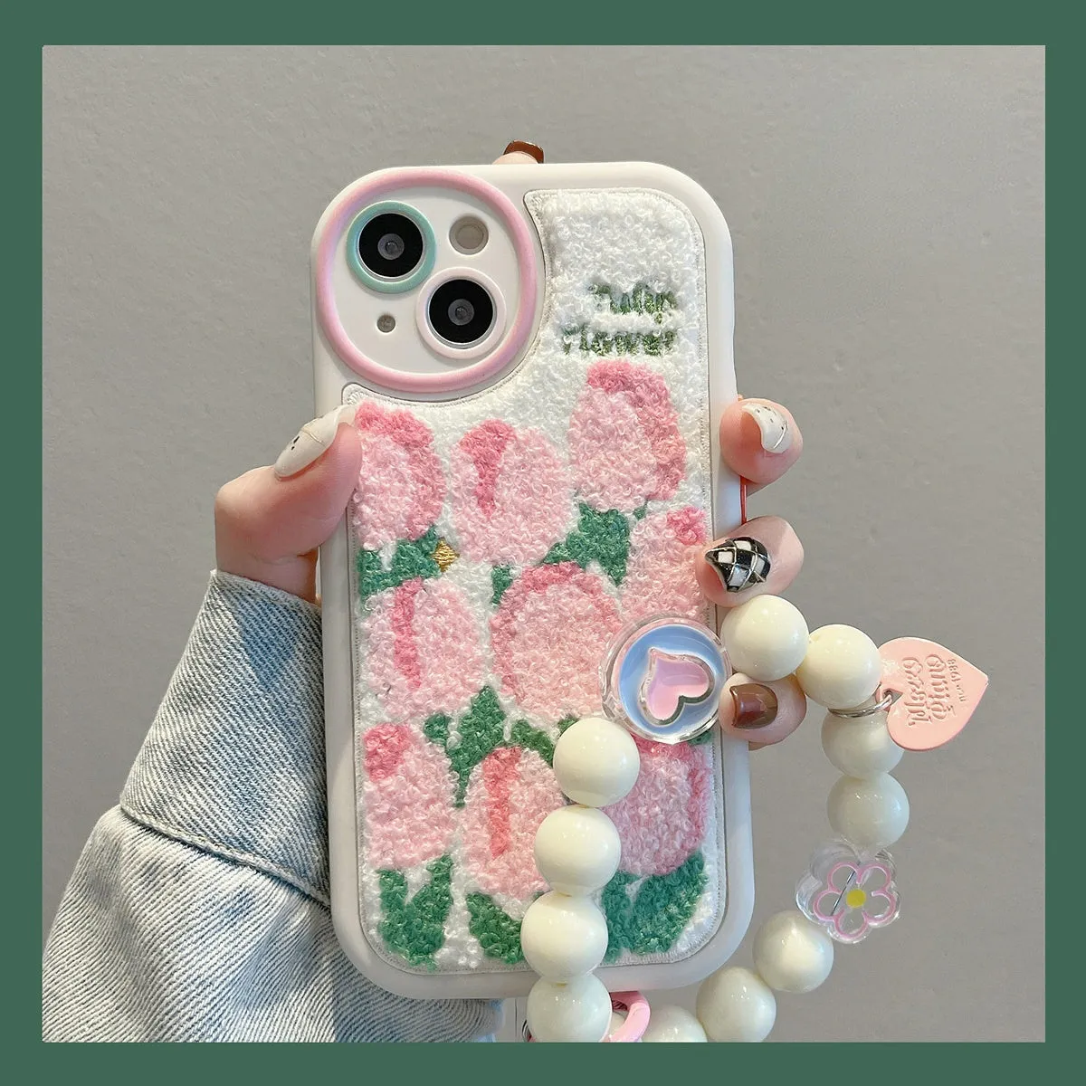 Plush embroidered tulip phone case