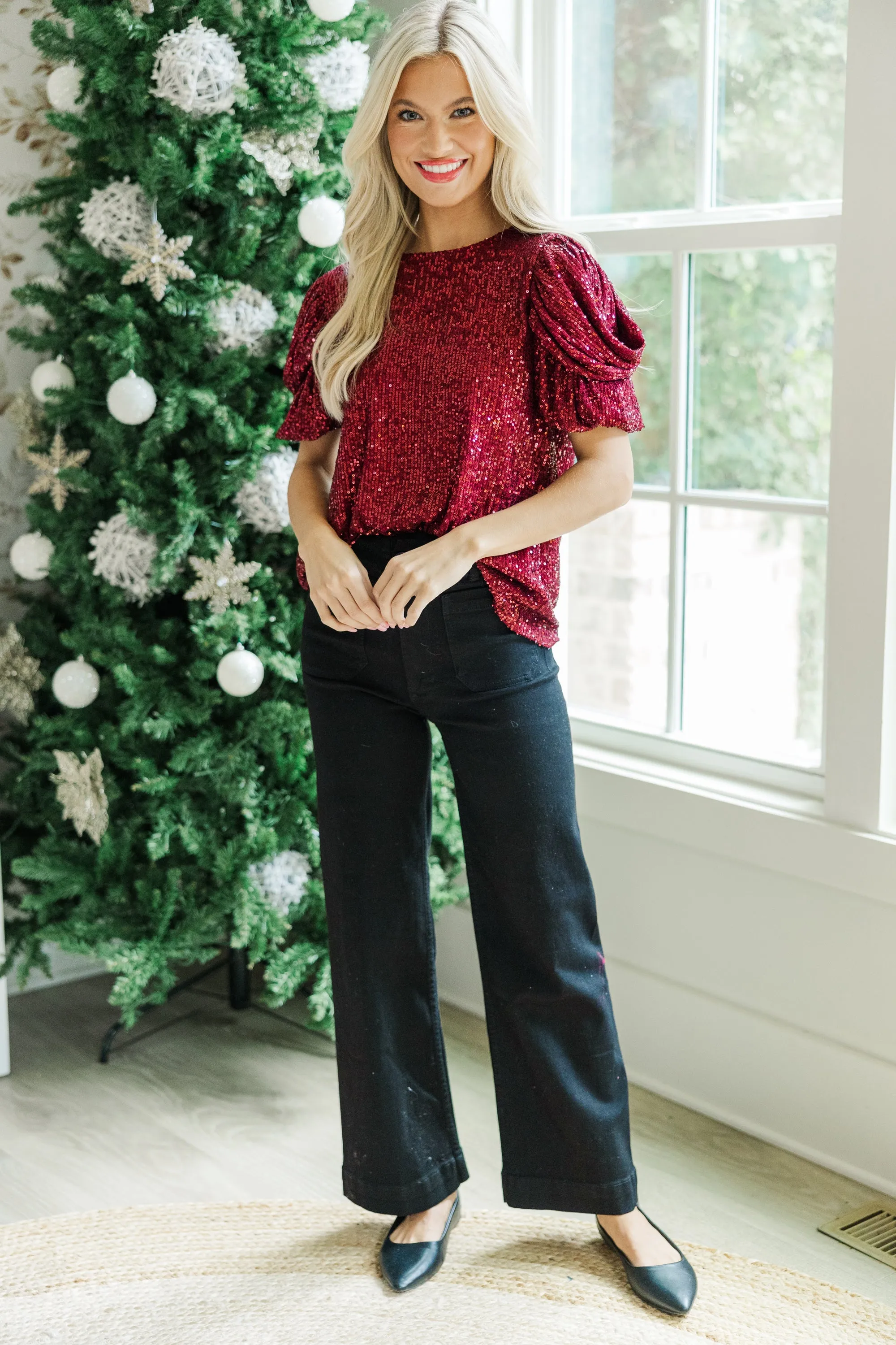 Ready To Shine Wine Red Sequin Blouse