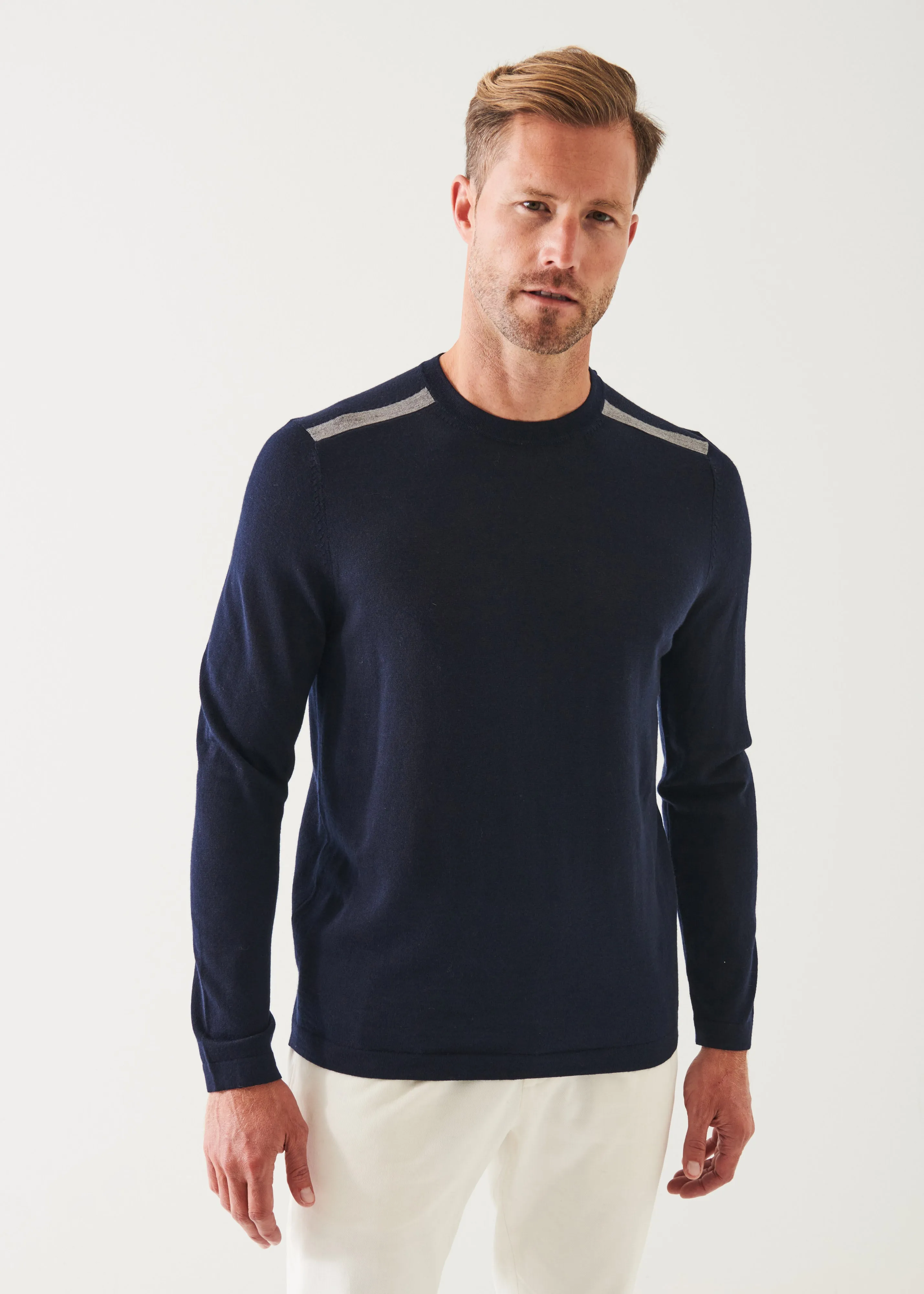 SHOULDER TIPPED MERINO WOOL CREWNECK