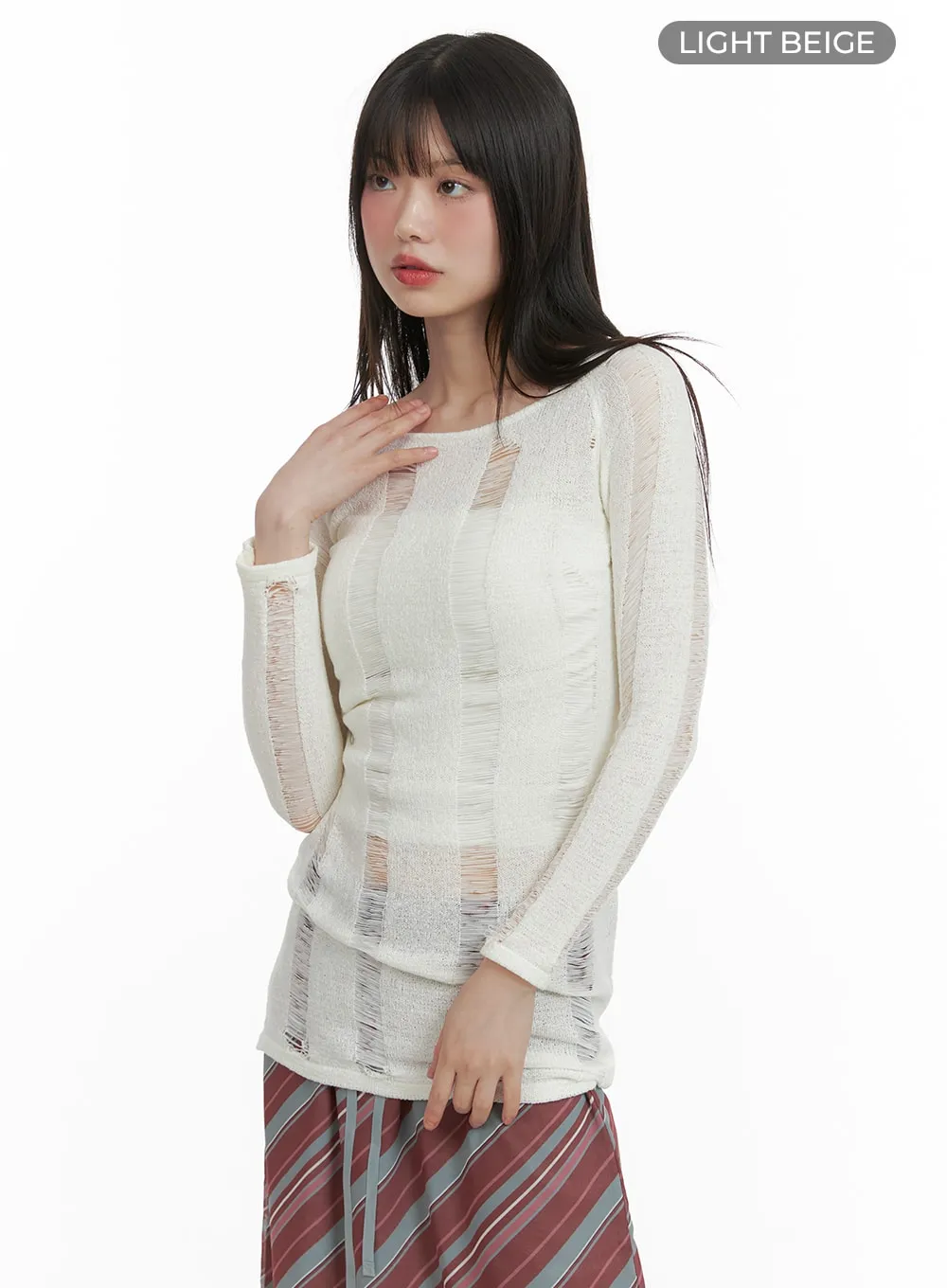 Solid Distressed Knit Long Sweater CA411