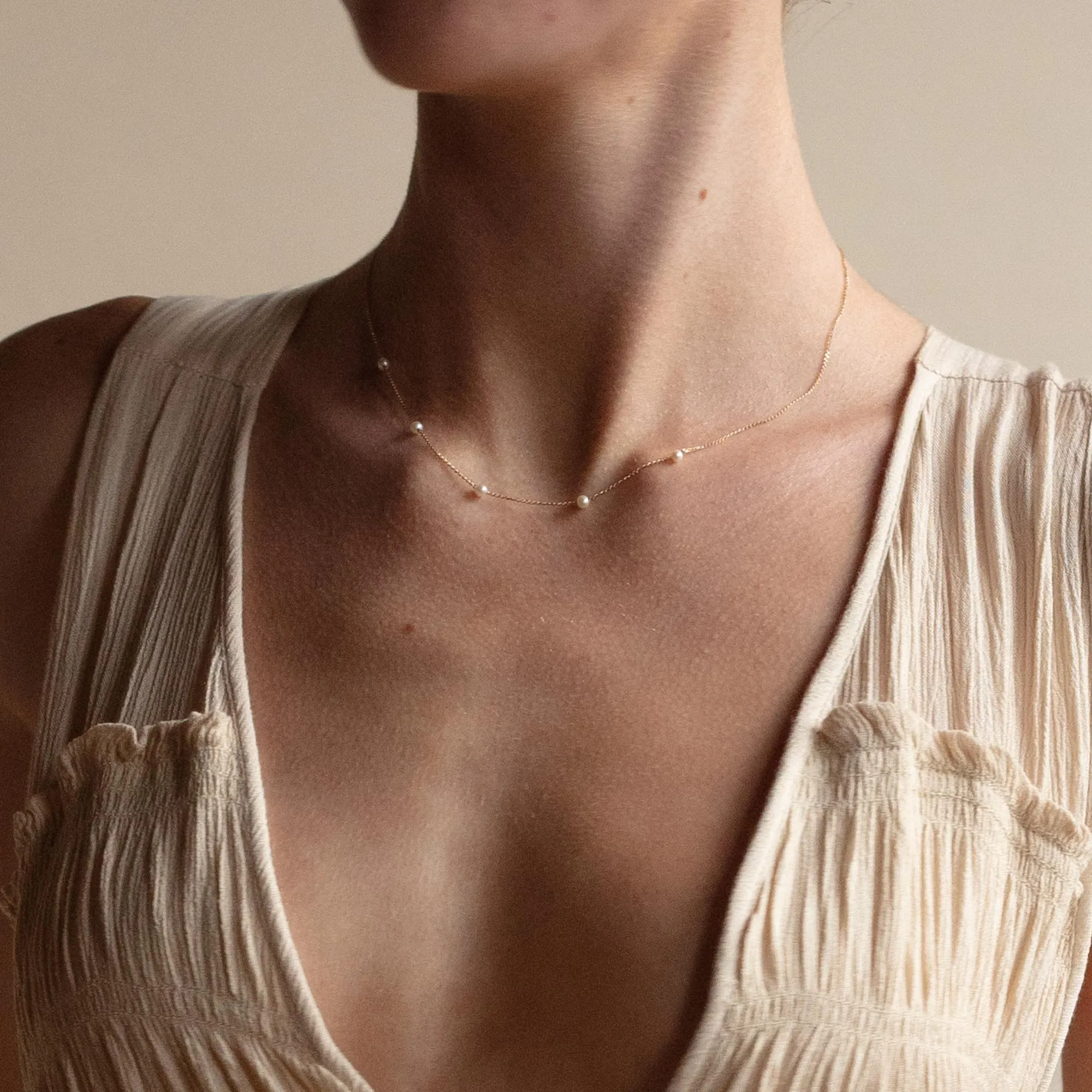 Solid Gold Delicate Pearl Chain Necklace