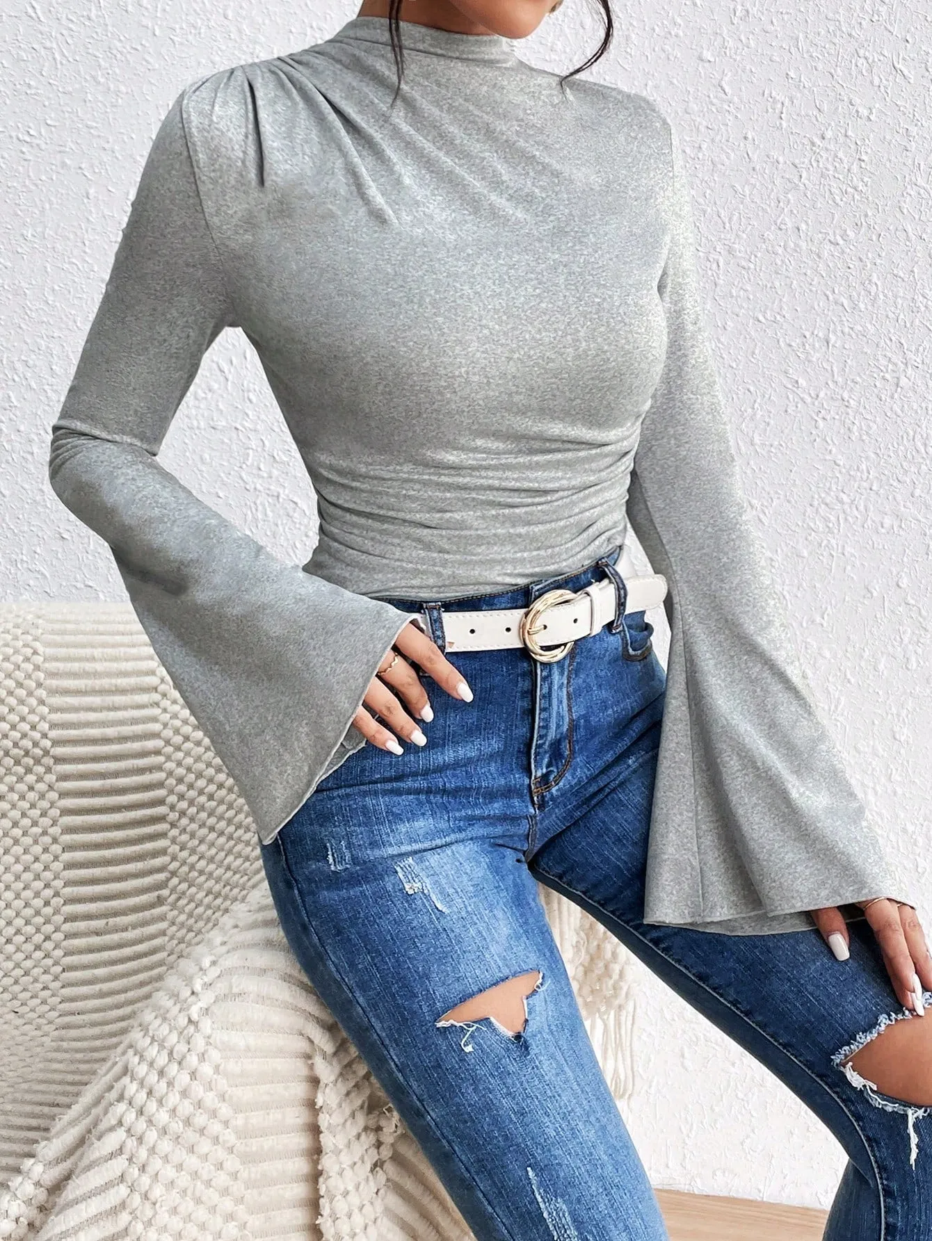 Solid Ruched Front Flare Sleeve Tee