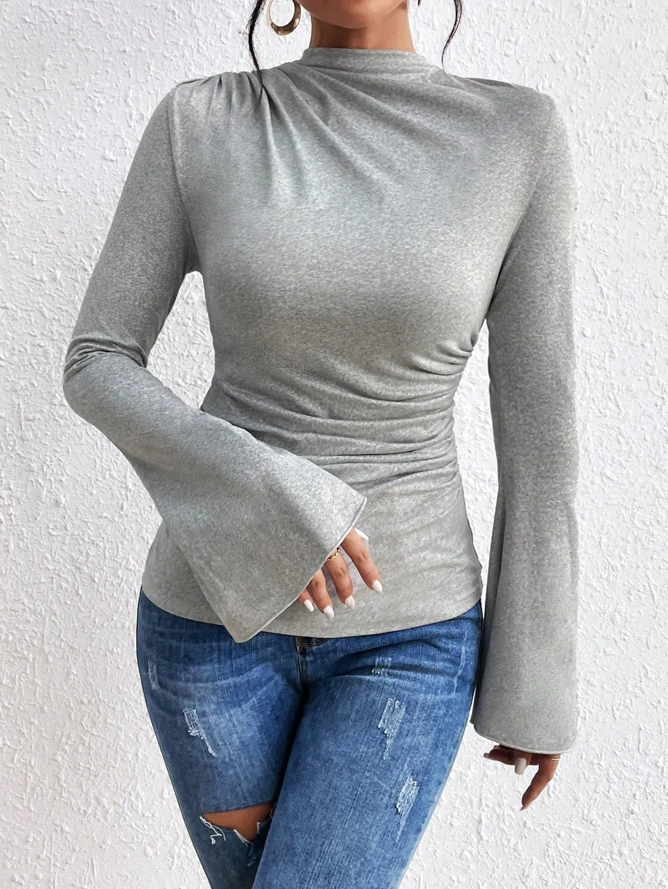 Solid Ruched Front Flare Sleeve Tee