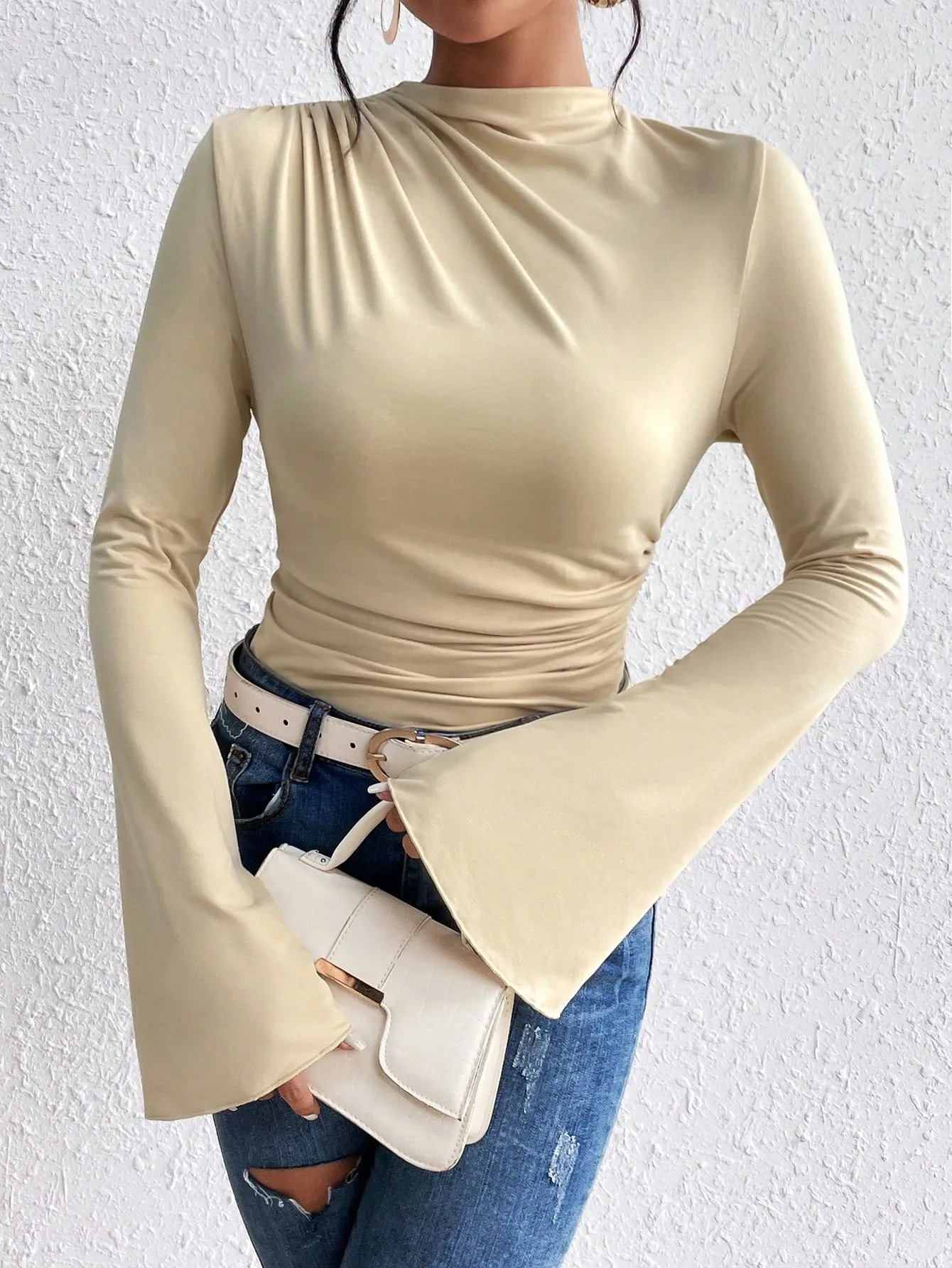 Solid Ruched Front Flare Sleeve Tee