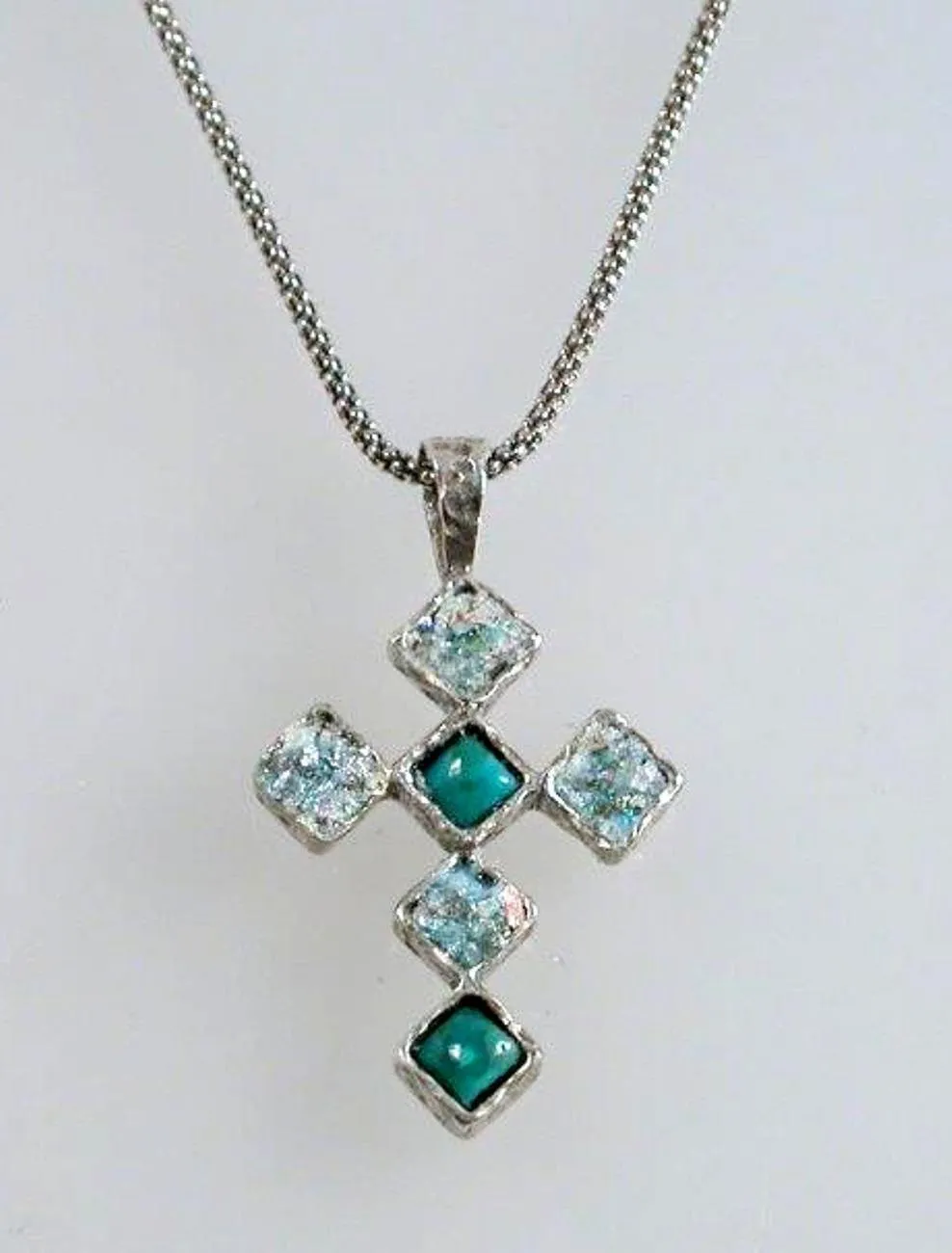 Sterling Silver cross from the Holy Land with roman glass set with turquoise beads