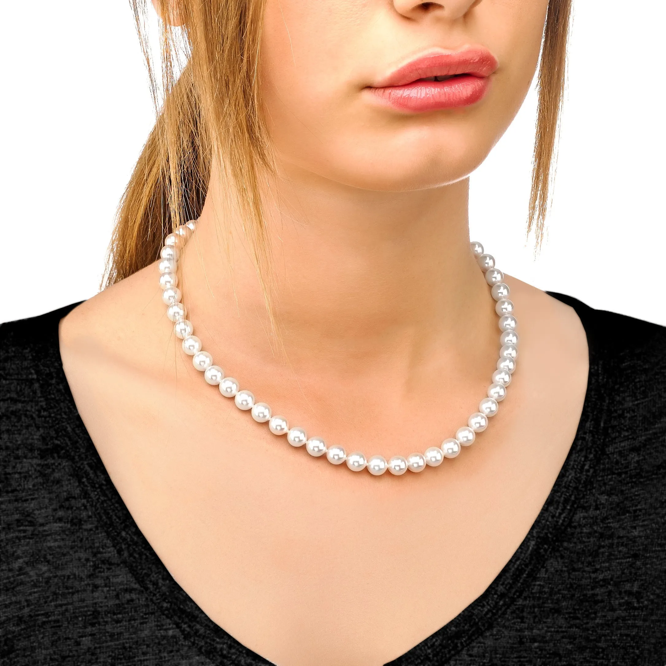 Sterling Silver Rhodium Plated Necklace for Women with Organic Pearl, 8mm Round White Pearls, 17.7 Necklace Length, Lyra Collection