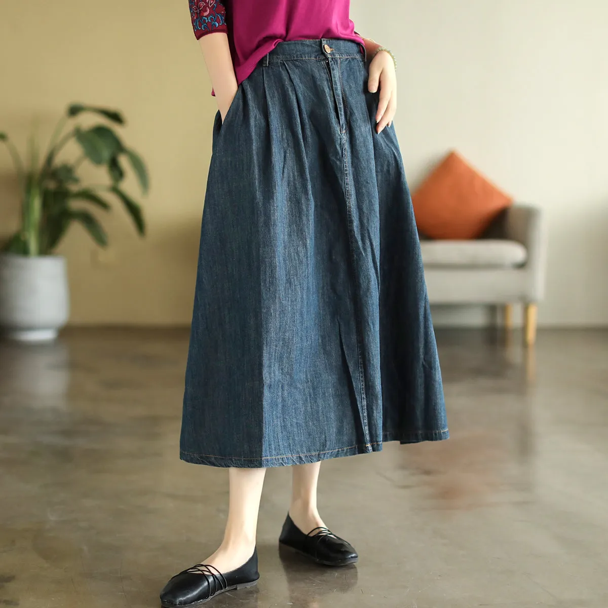 Summer Cotton Denim Retro A-Line High Waist Skirt