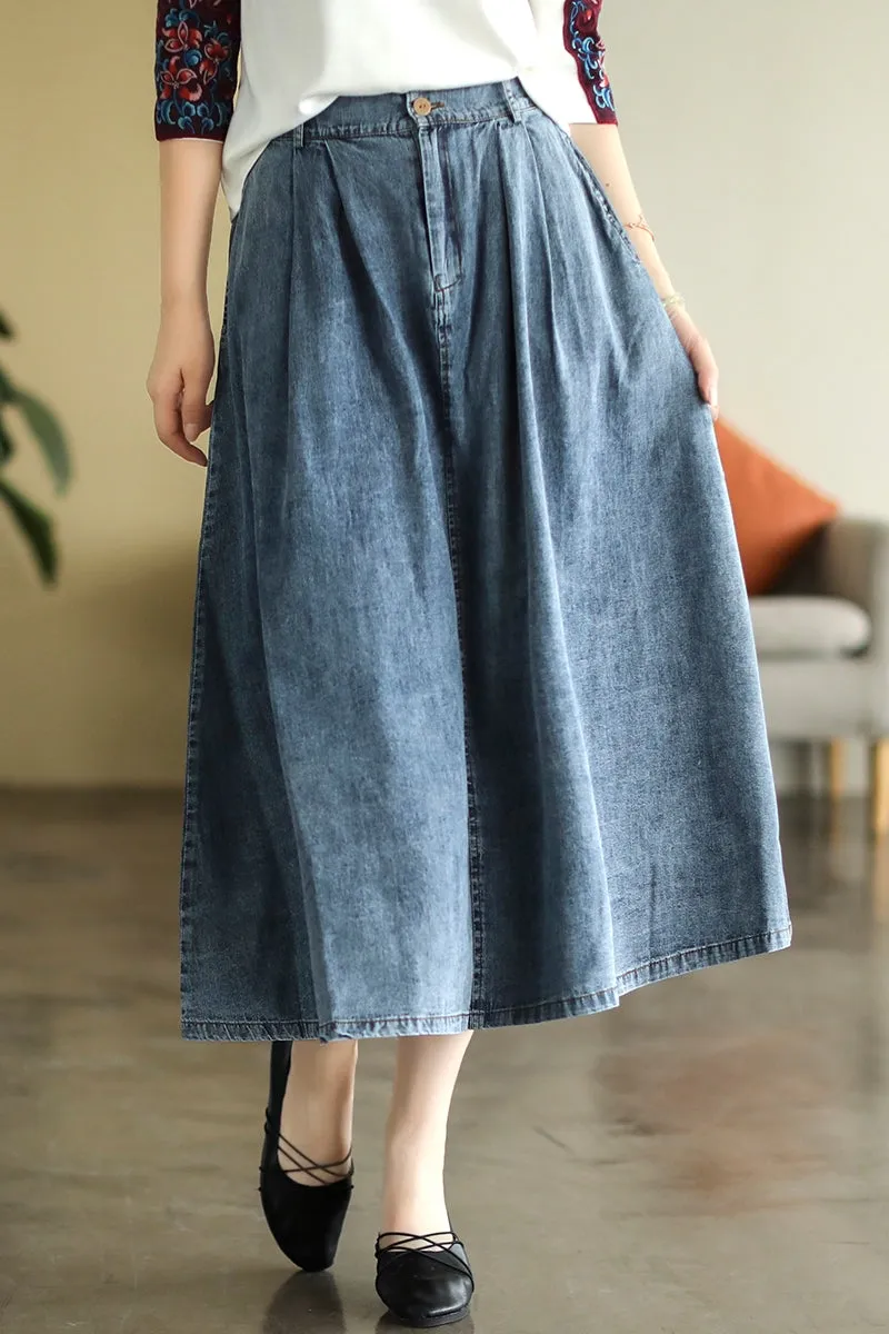 Summer Cotton Denim Retro A-Line High Waist Skirt