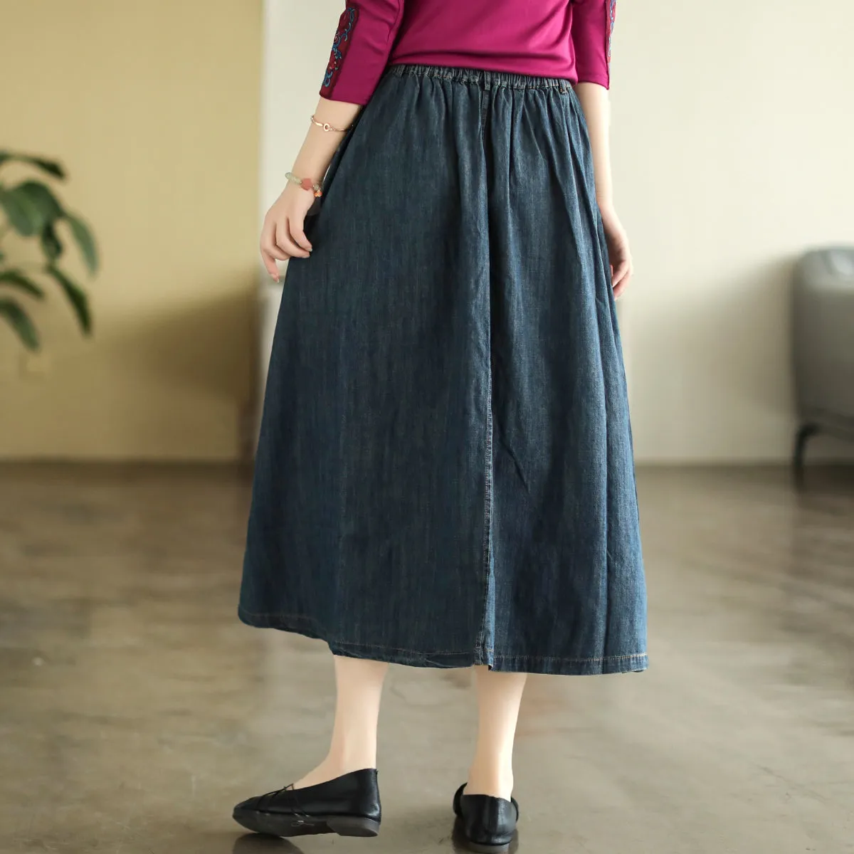 Summer Cotton Denim Retro A-Line High Waist Skirt