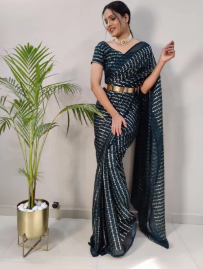 Teal 1 Min Saree Sequin Designer Sari