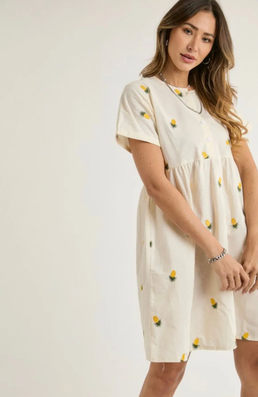 The Embroidered Pineapple Dress in Cream