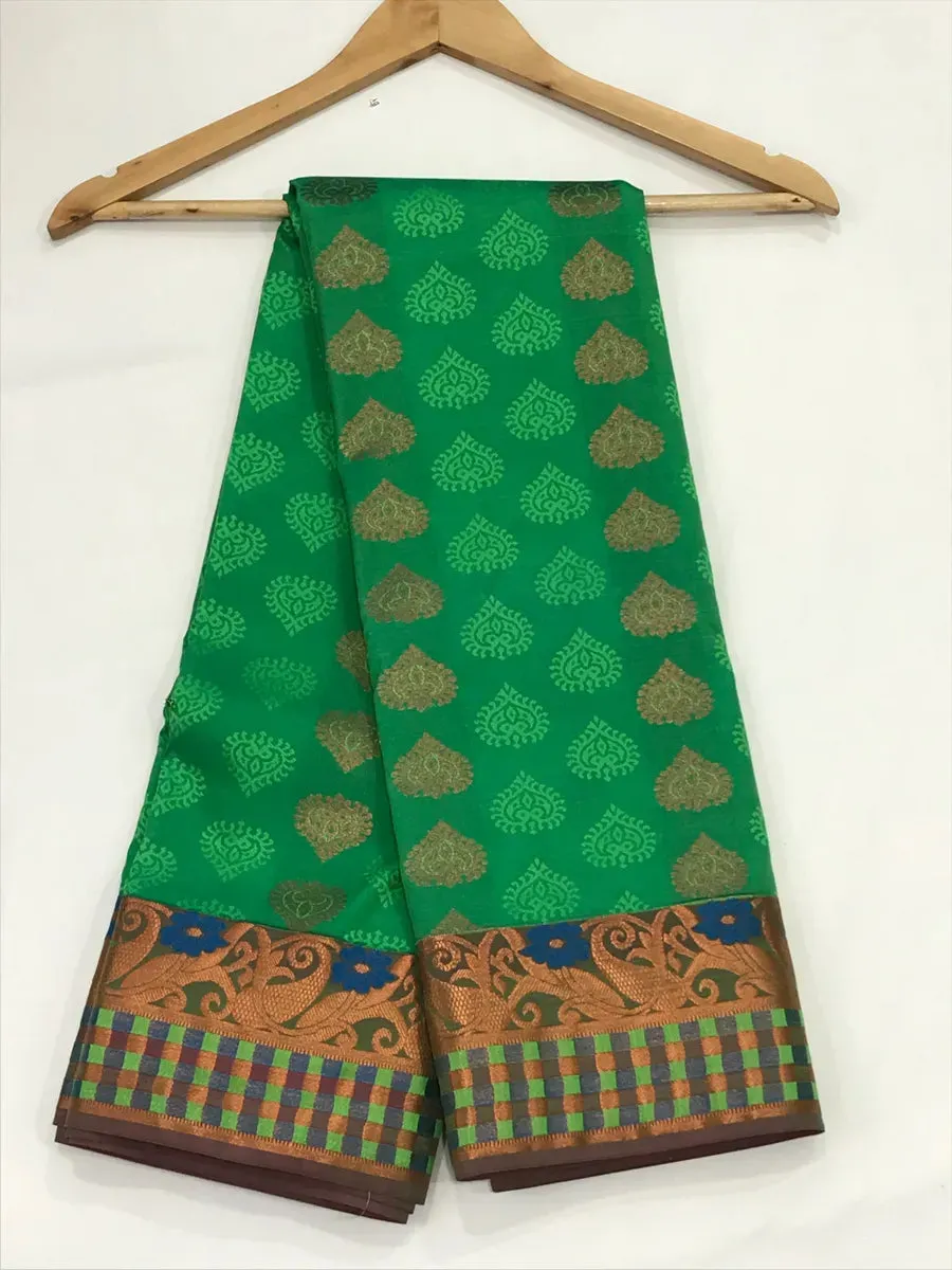 Traditional Green Color Copper Embossed Zari Art Silk Saree With Contrast Blouse