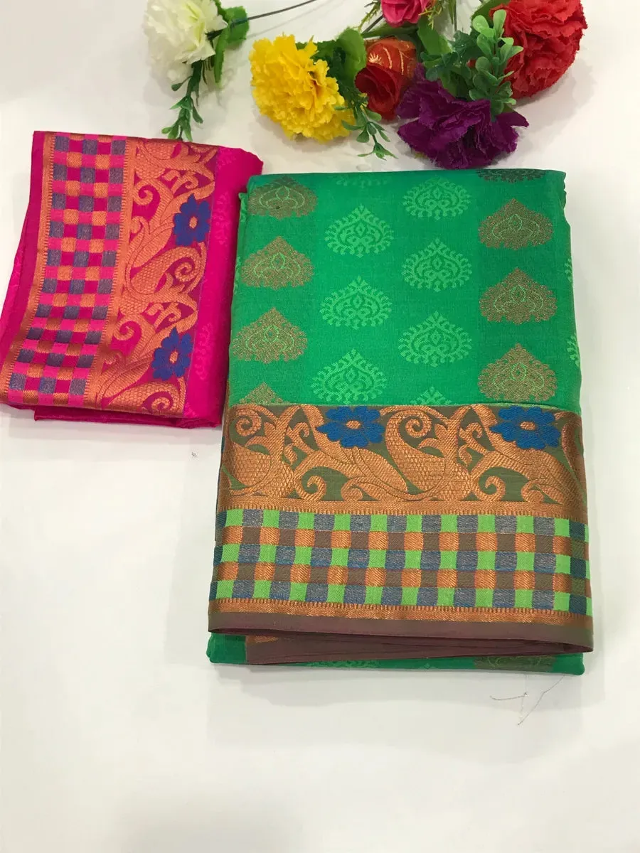 Traditional Green Color Copper Embossed Zari Art Silk Saree With Contrast Blouse