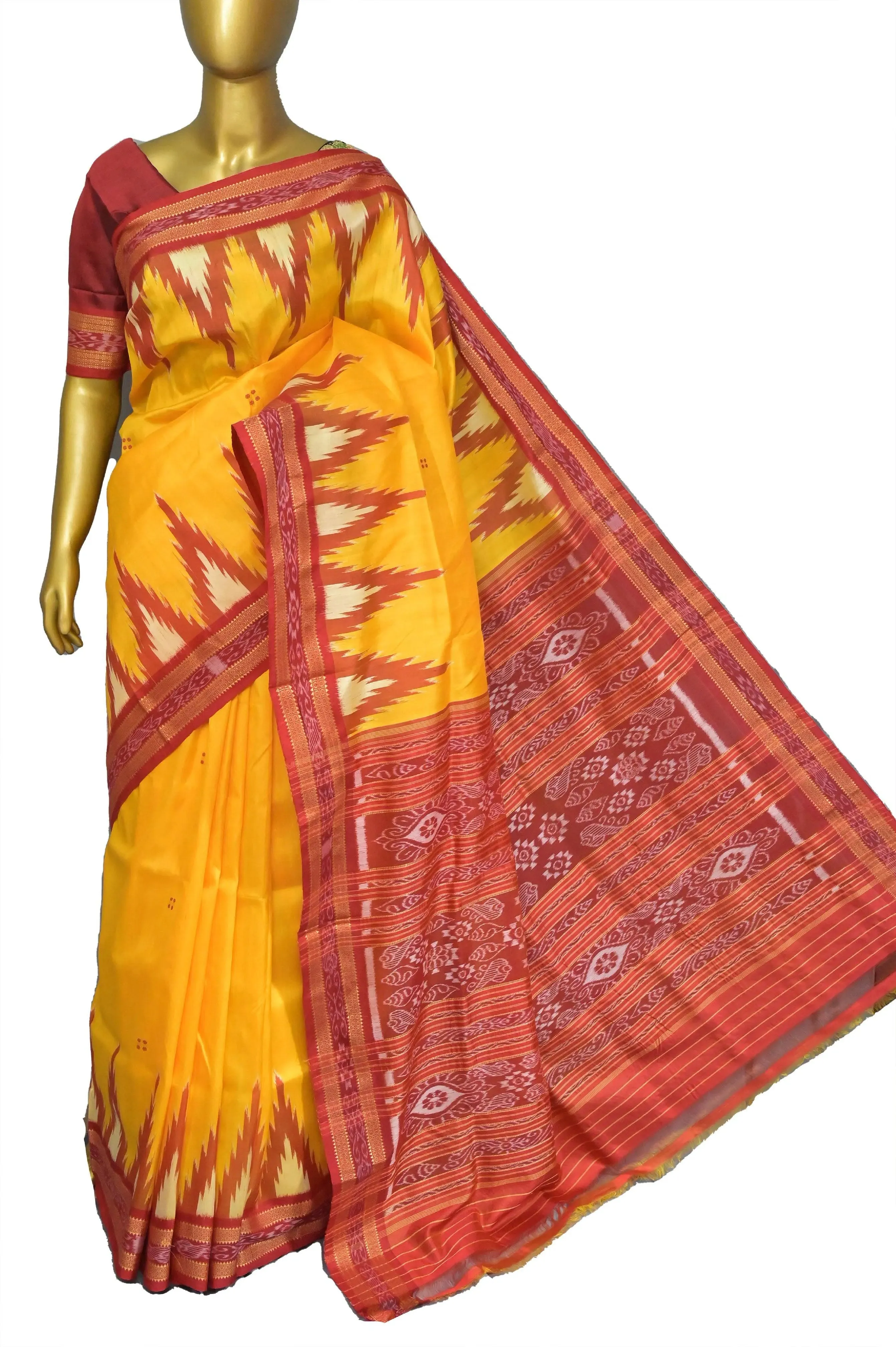 Turmeric Yellow and Red Color Sambalpuri Silk with Temple Border and Buti Work