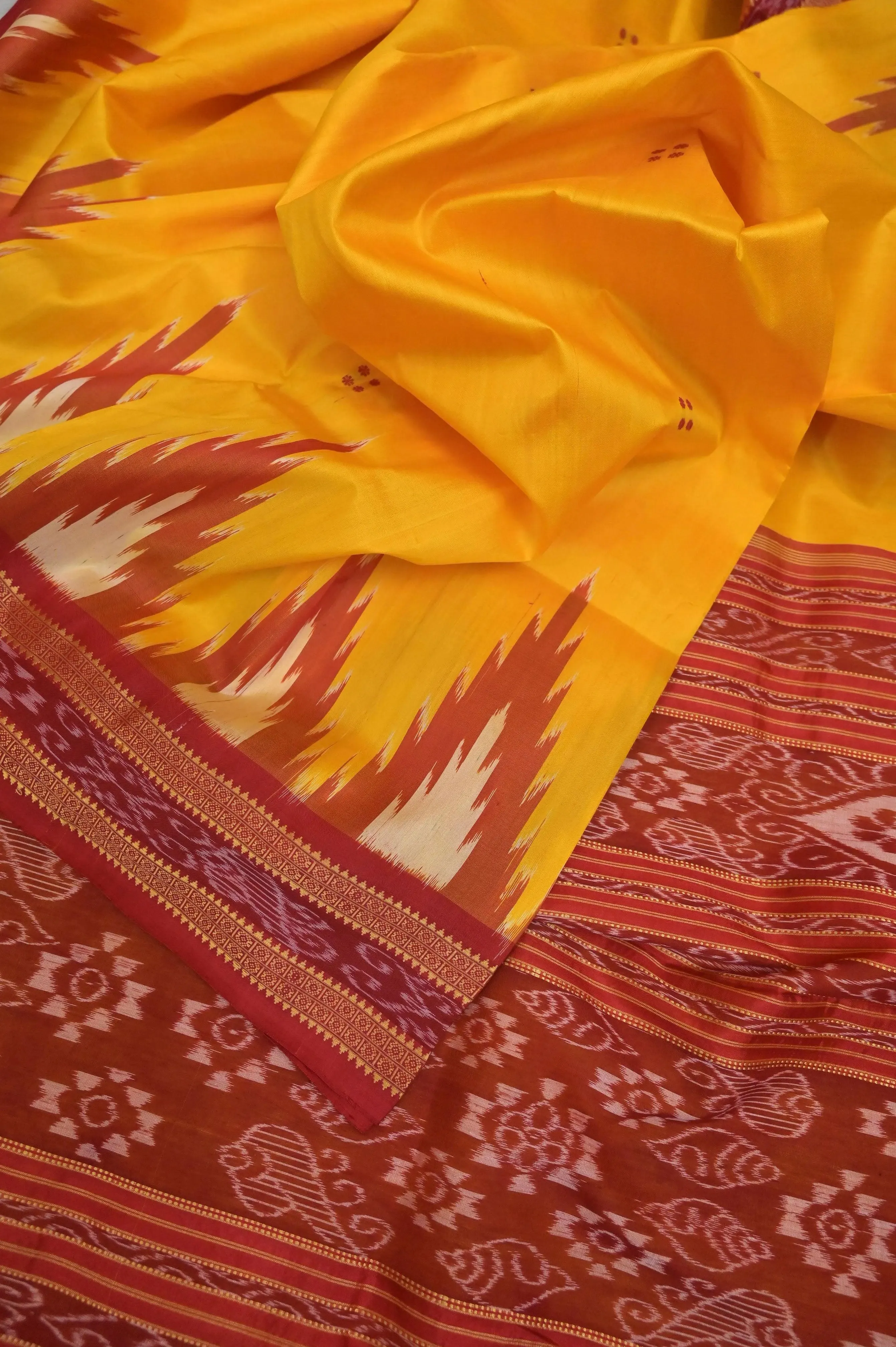 Turmeric Yellow and Red Color Sambalpuri Silk with Temple Border and Buti Work