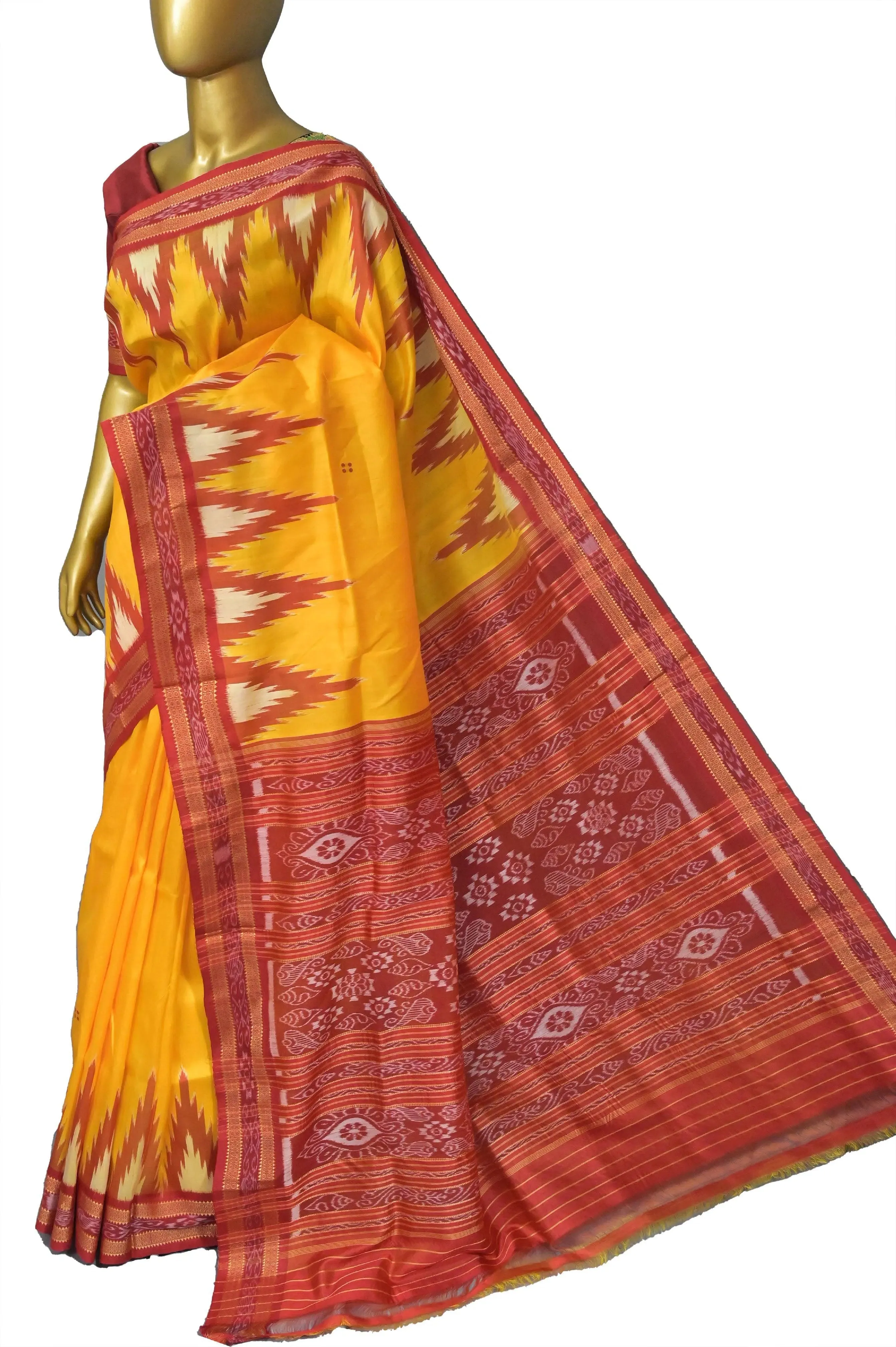 Turmeric Yellow and Red Color Sambalpuri Silk with Temple Border and Buti Work