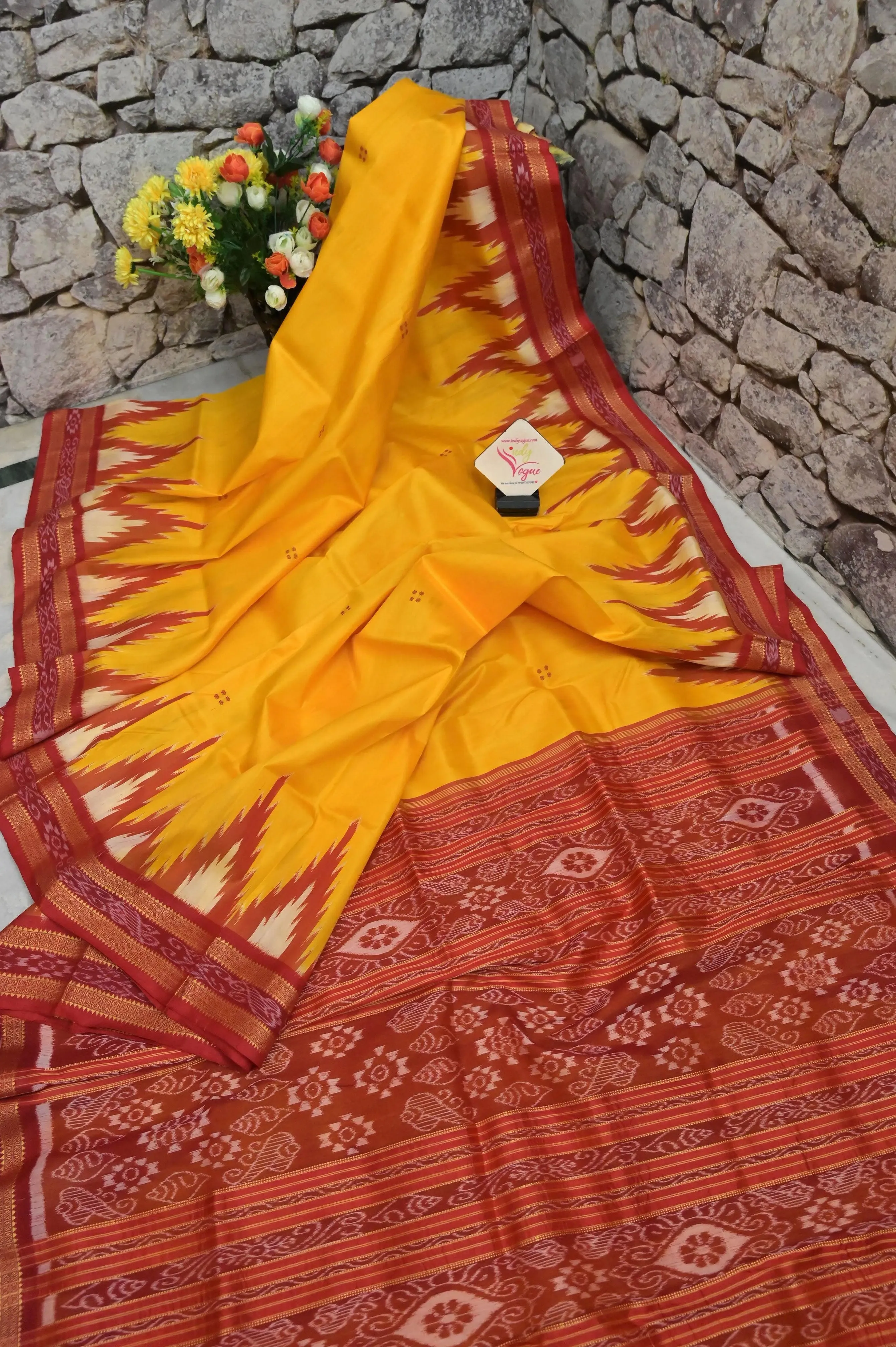 Turmeric Yellow and Red Color Sambalpuri Silk with Temple Border and Buti Work