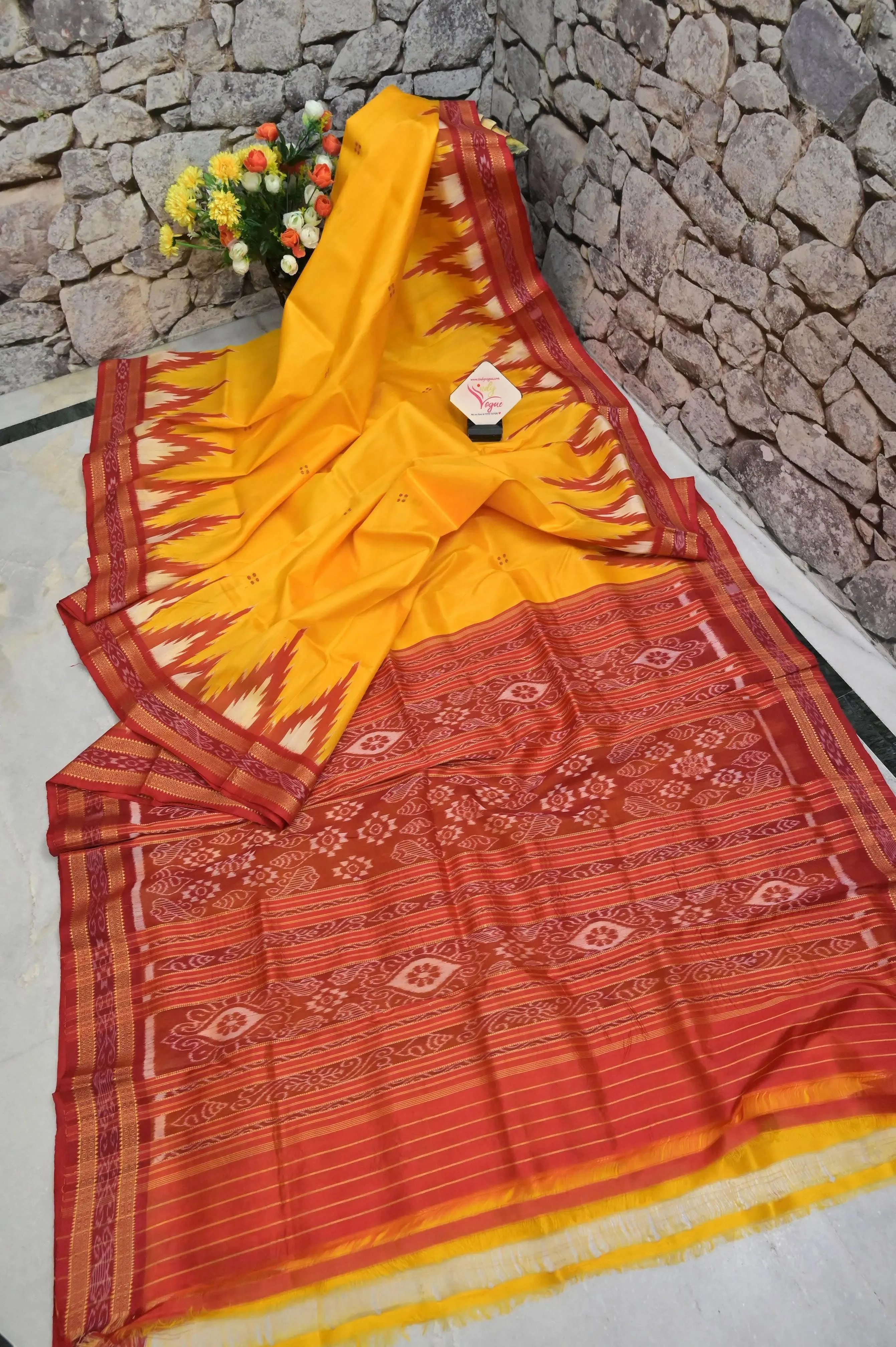 Turmeric Yellow and Red Color Sambalpuri Silk with Temple Border and Buti Work