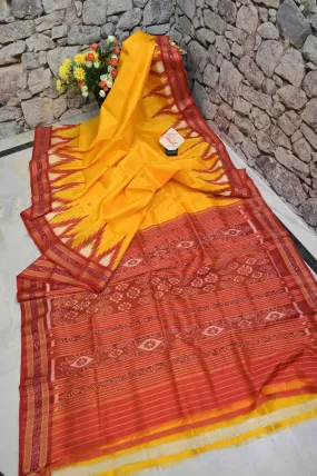 Turmeric Yellow and Red Color Sambalpuri Silk with Temple Border and Buti Work