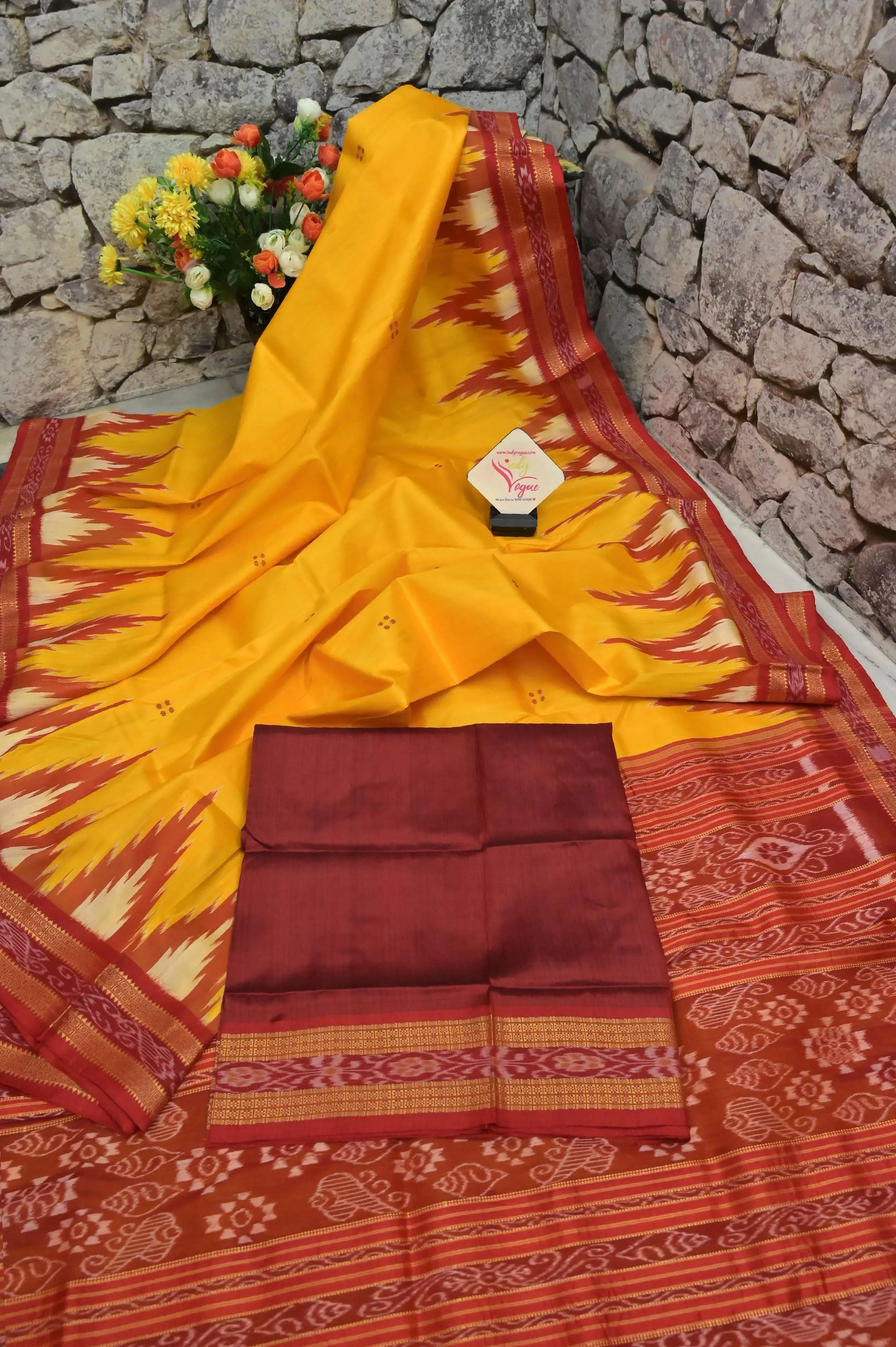 Turmeric Yellow and Red Color Sambalpuri Silk with Temple Border and Buti Work