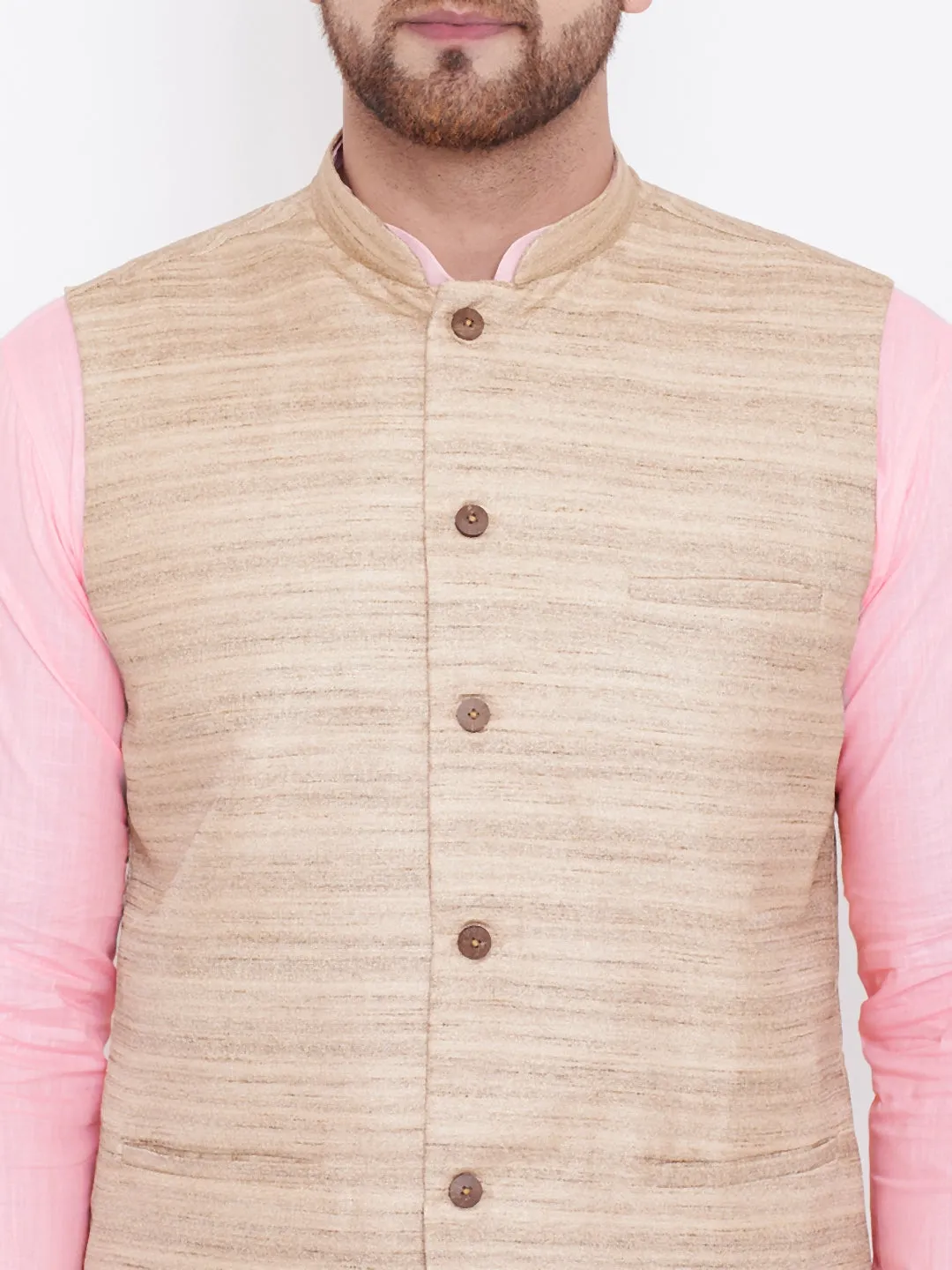 VASTRAMAY Beige, Pink And White Baap Beta Nehru Jacket Kurta Pyjama set