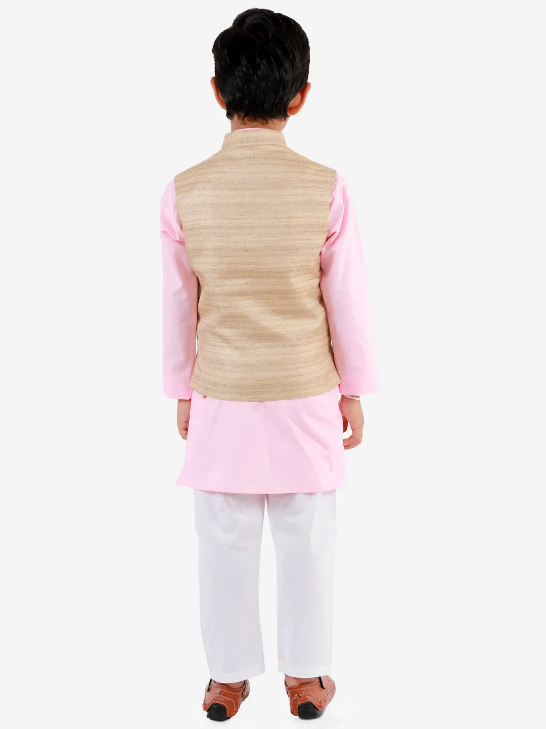 VASTRAMAY Beige, Pink And White Baap Beta Nehru Jacket Kurta Pyjama set