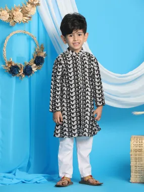 VASTRAMAY Boy's Black Chikankari Thread Work Kurta And White Pyjama Set