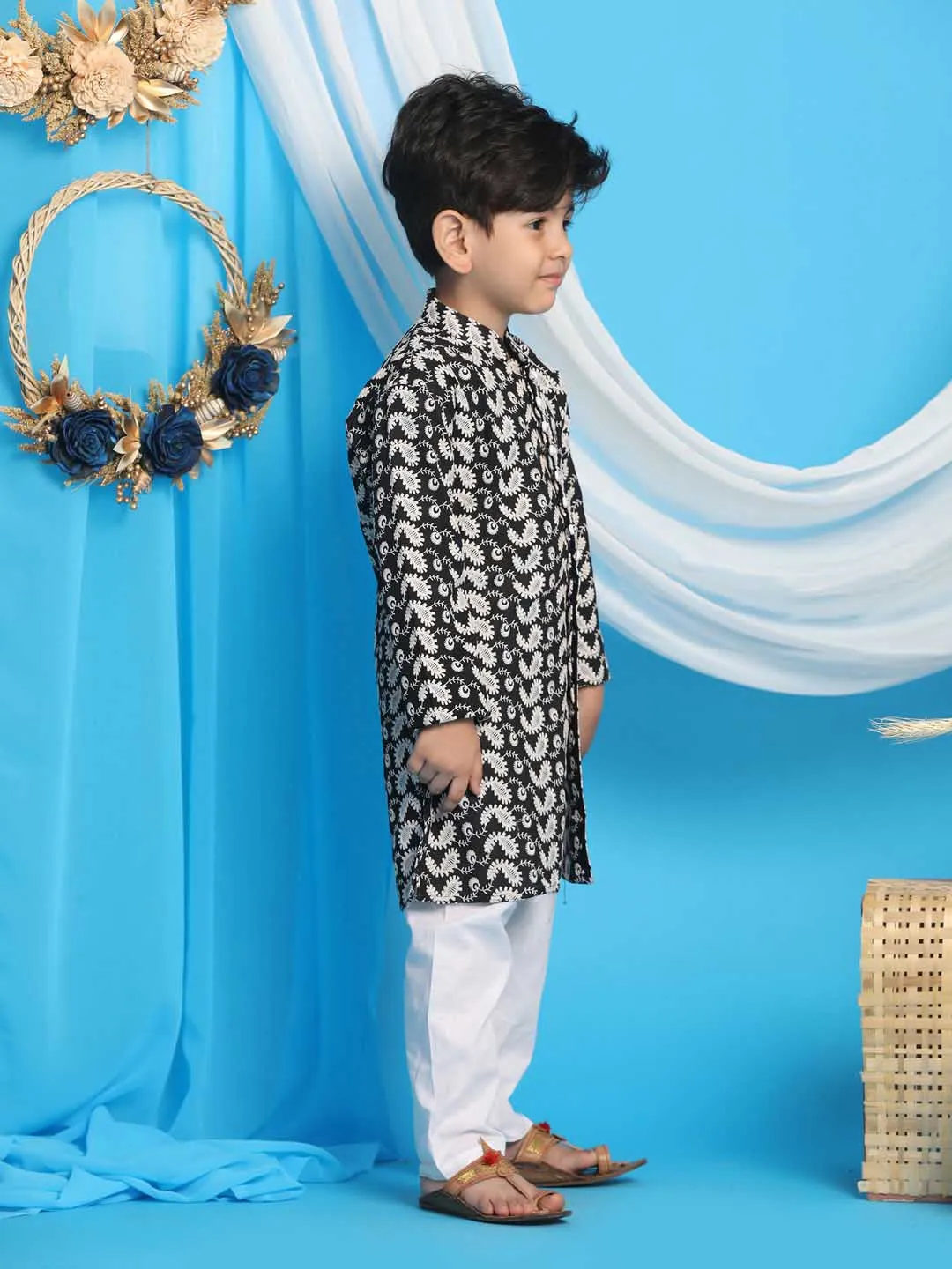 VASTRAMAY Boy's Black Chikankari Thread Work Kurta And White Pyjama Set