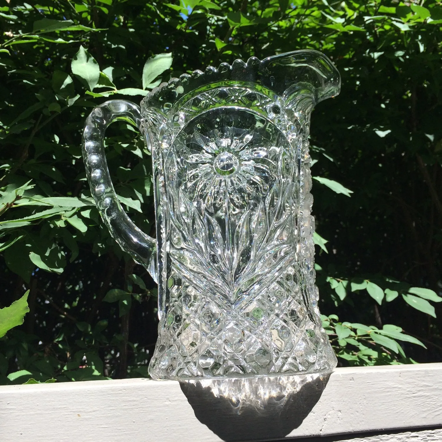 Vintage Glassware Pitcher in Pressed Glass Daisy Pattern. Barware. Servingware. Water Pitcher.